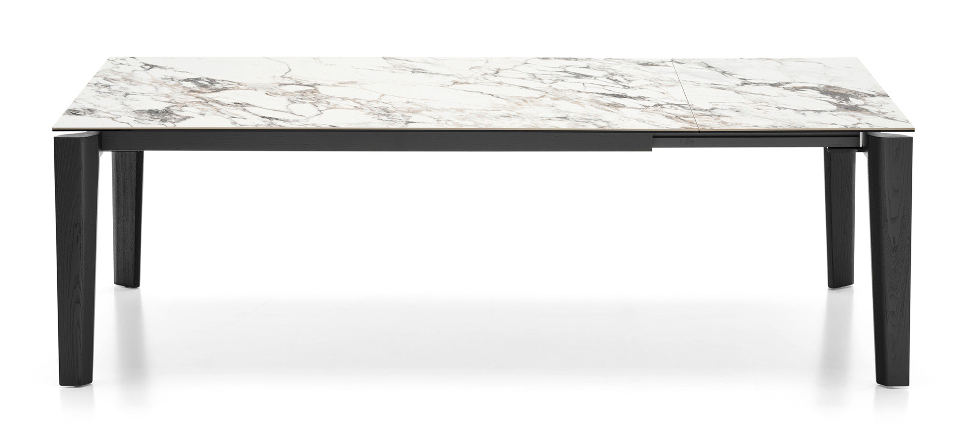 Ausziehbarer Tisch DOGMA mit weißer Platte und schwarzem Holzgestell