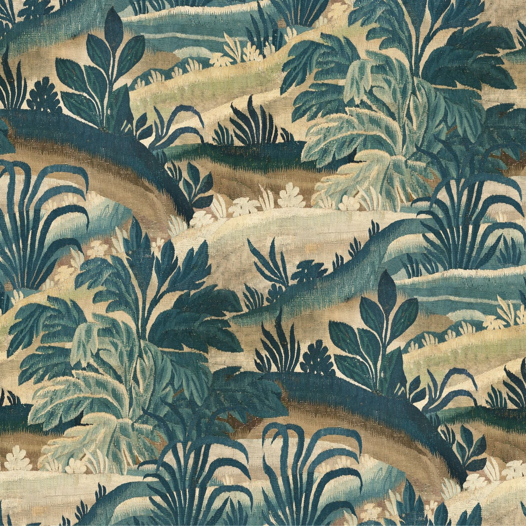 Textile wallpaper with a botanical motif COLLINES green with beige