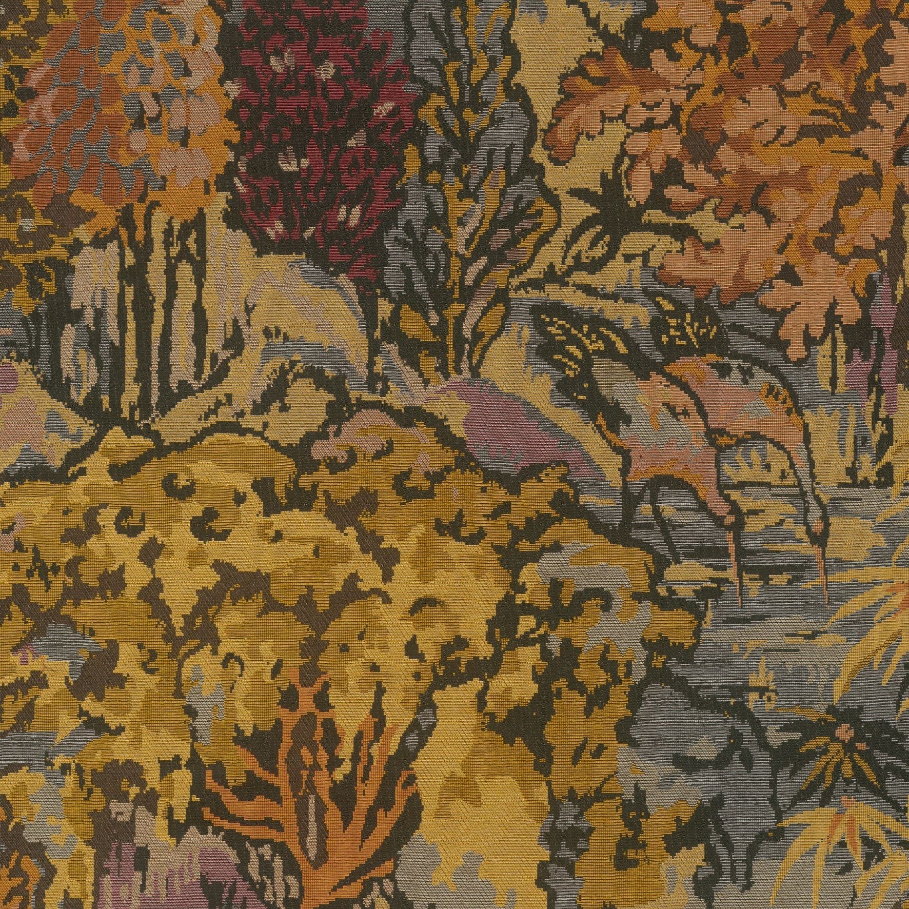 Textiltapete mit pflanzlichem und tierischem Motiv RIVERBANK gold mit orange