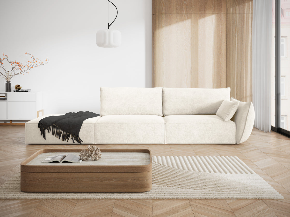 Sofa w tkaninie szenilowej lewostronna otwarta VANDA jasnobeżowy