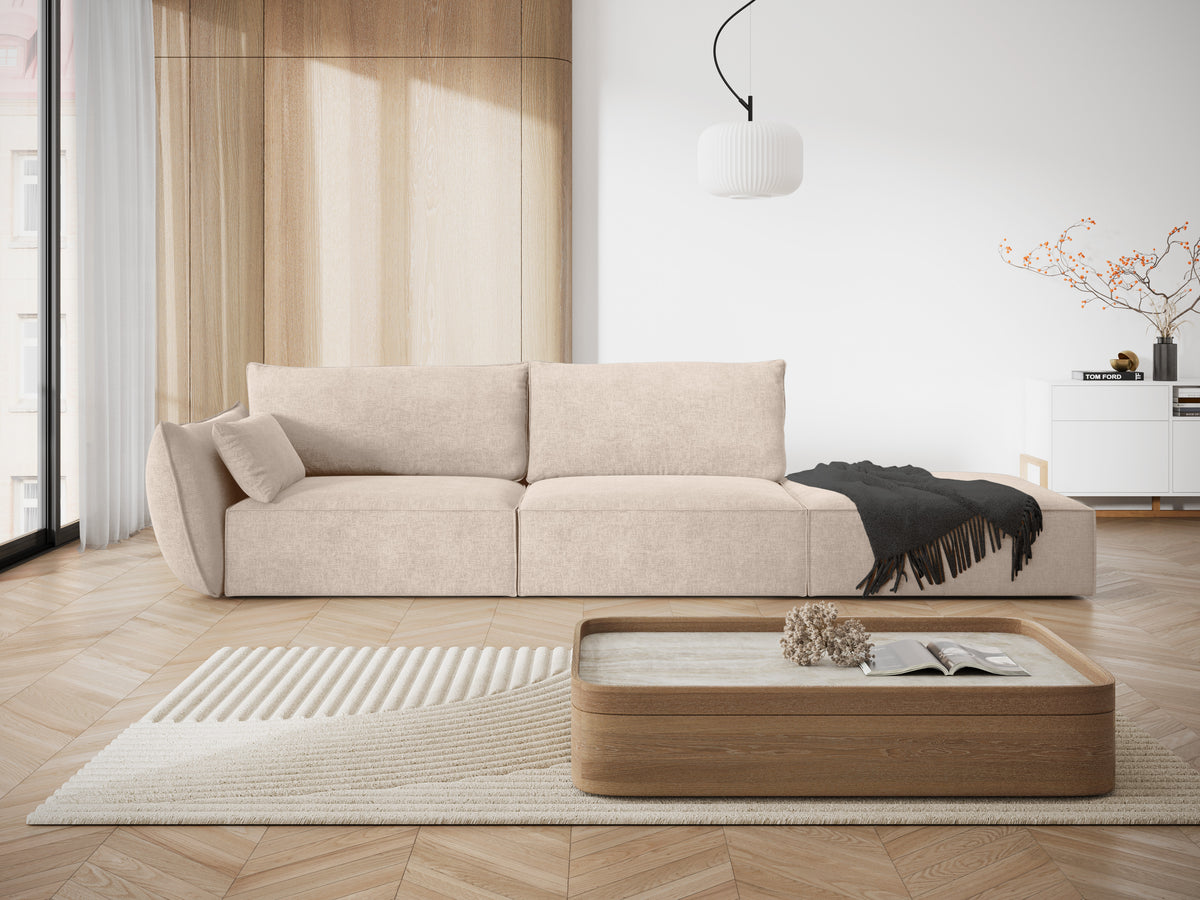 Sofa w tkaninie szenilowej prawostronna otwarta VANDA beżowy