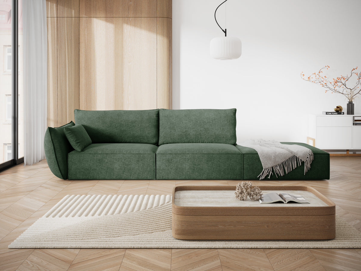 Sofa w tkaninie szenilowej prawostronna otwarta VANDA butelkowa zieleń
