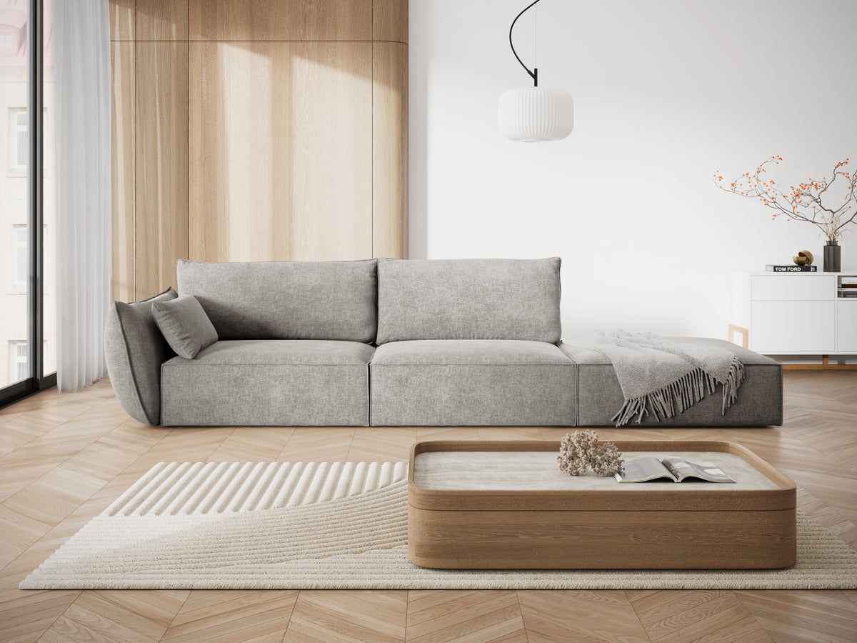 Sofa w tkaninie szenilowej prawostronna otwarta VANDA jasnoszary