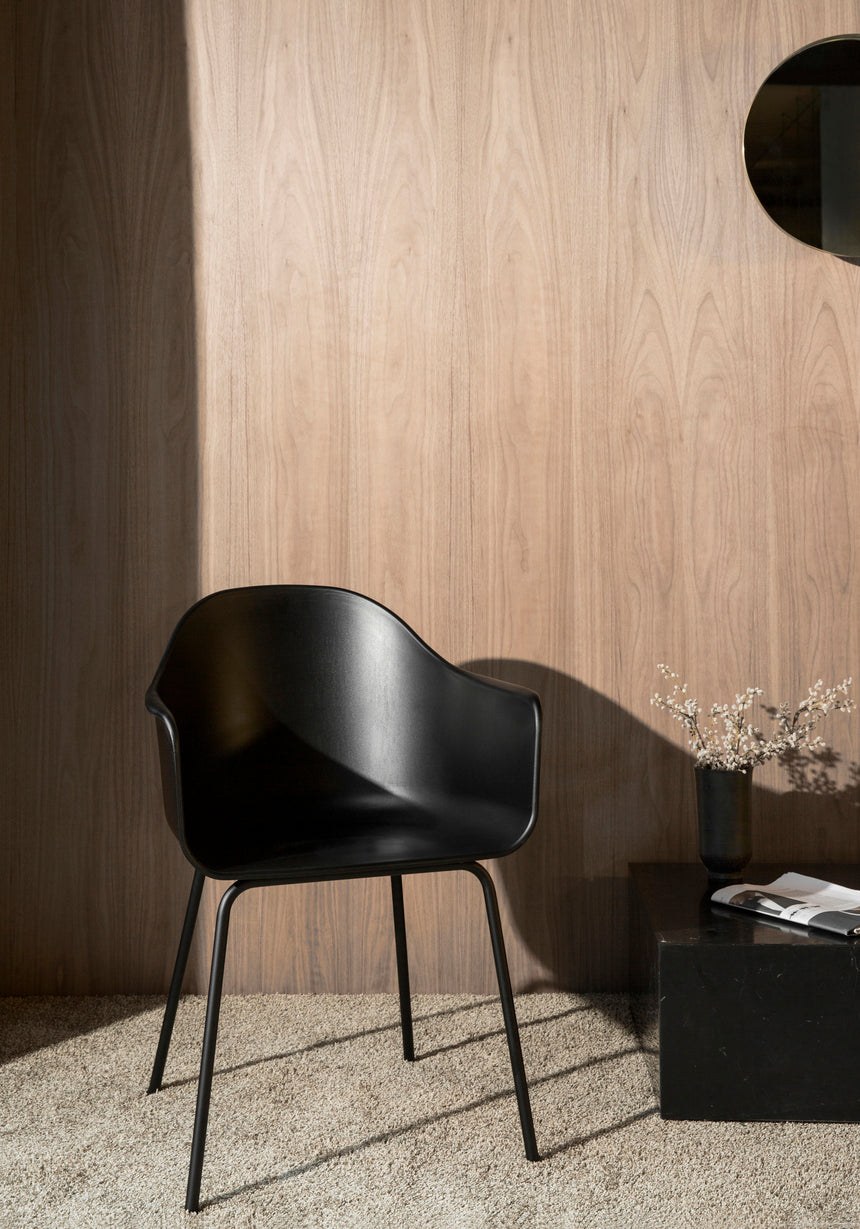 HARBOUR Armchair with Armrests, Cognac Leather with Oak Base