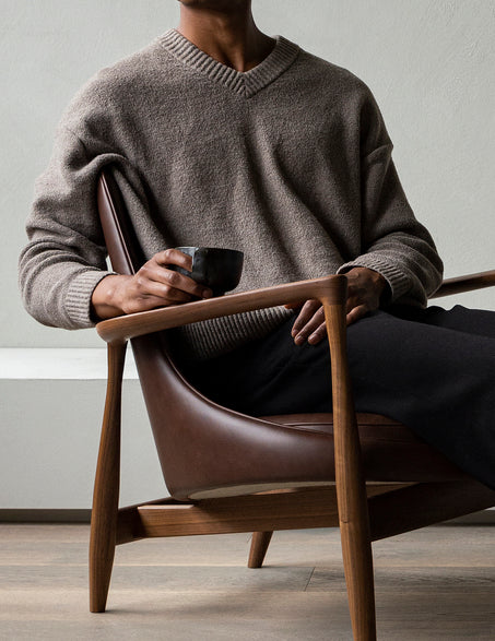 ELIZABETH armchair brown leather with oak base