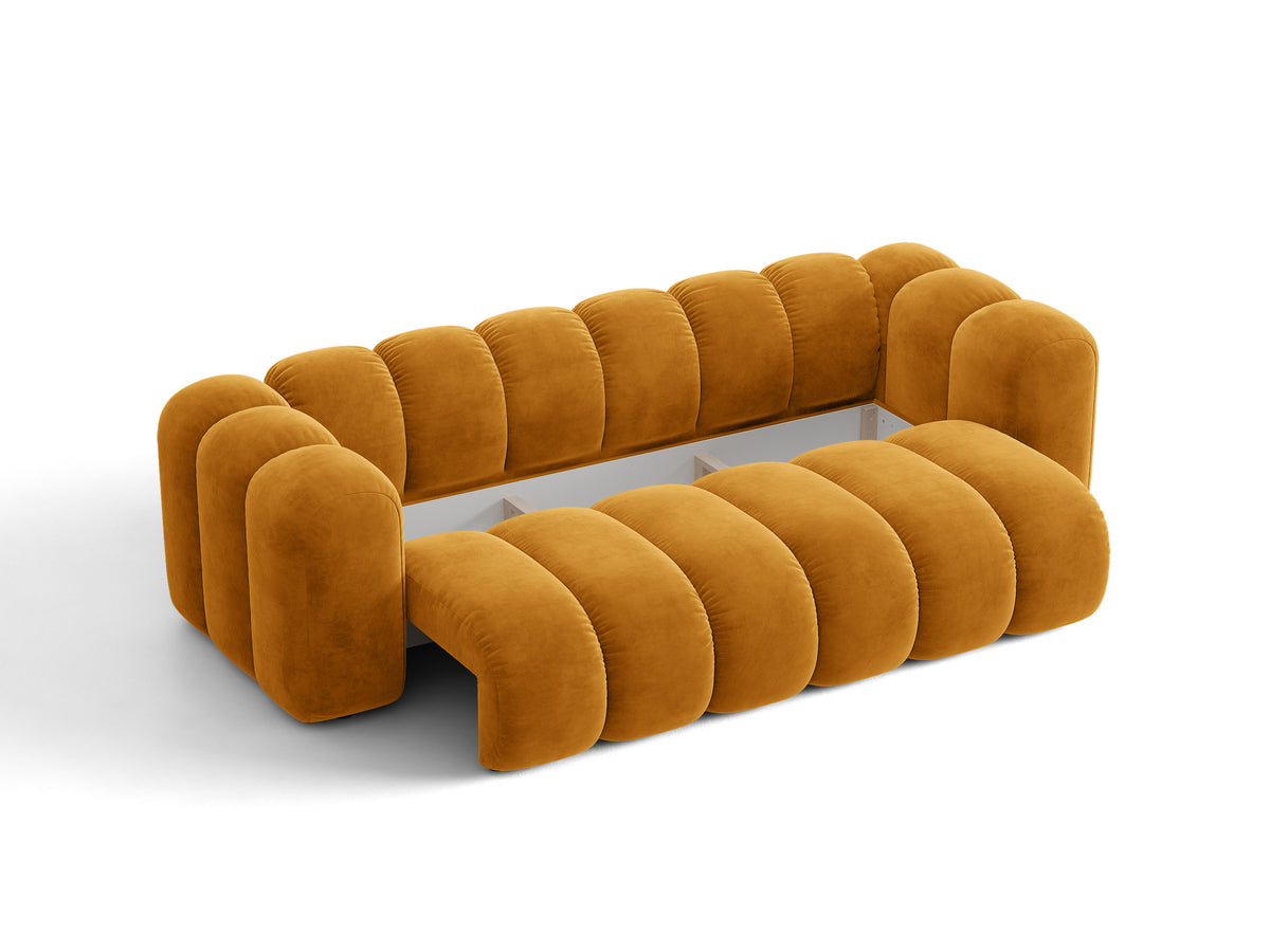 Sofa aksamitna 3-osobowa z funkcją spania LUPINE musztardowy – ujęcie 4