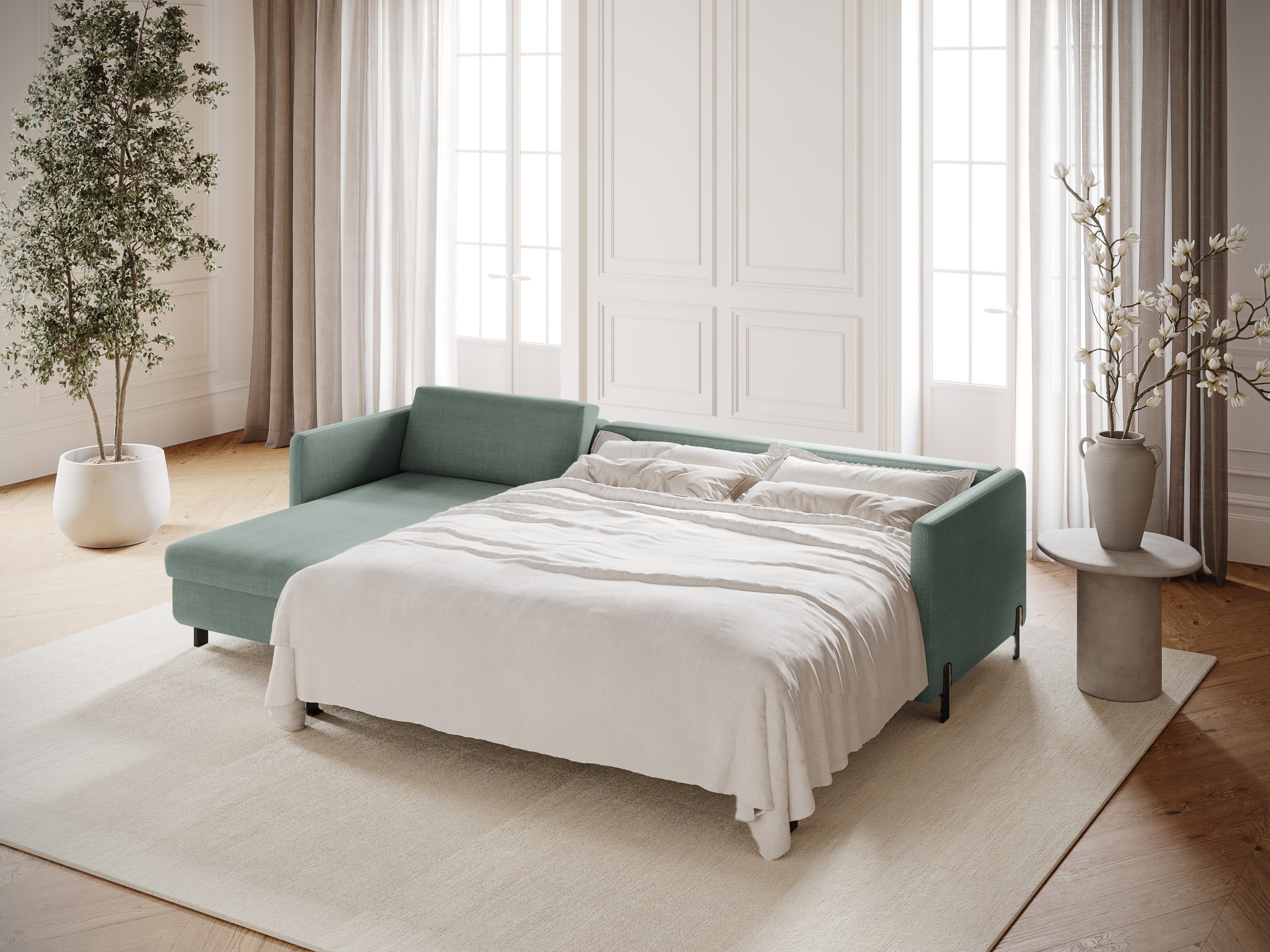 Linke Ecksofa mit Bettfunktion und Schachtel, "Gloria", 5 Sitze, Minze, 280x170x80
In Europa gemacht