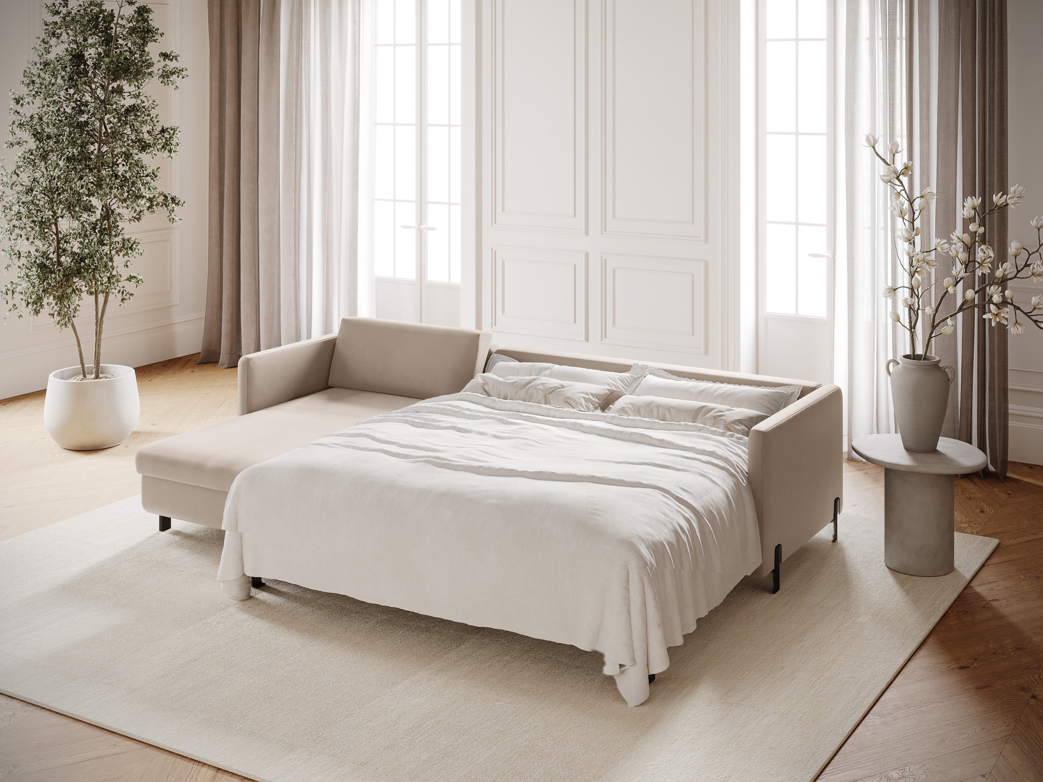 Samt linke Ecksofa mit Bettfunktion, "Gloria", 4 Sitze, Beige, 260x170x80
In Europa gemacht