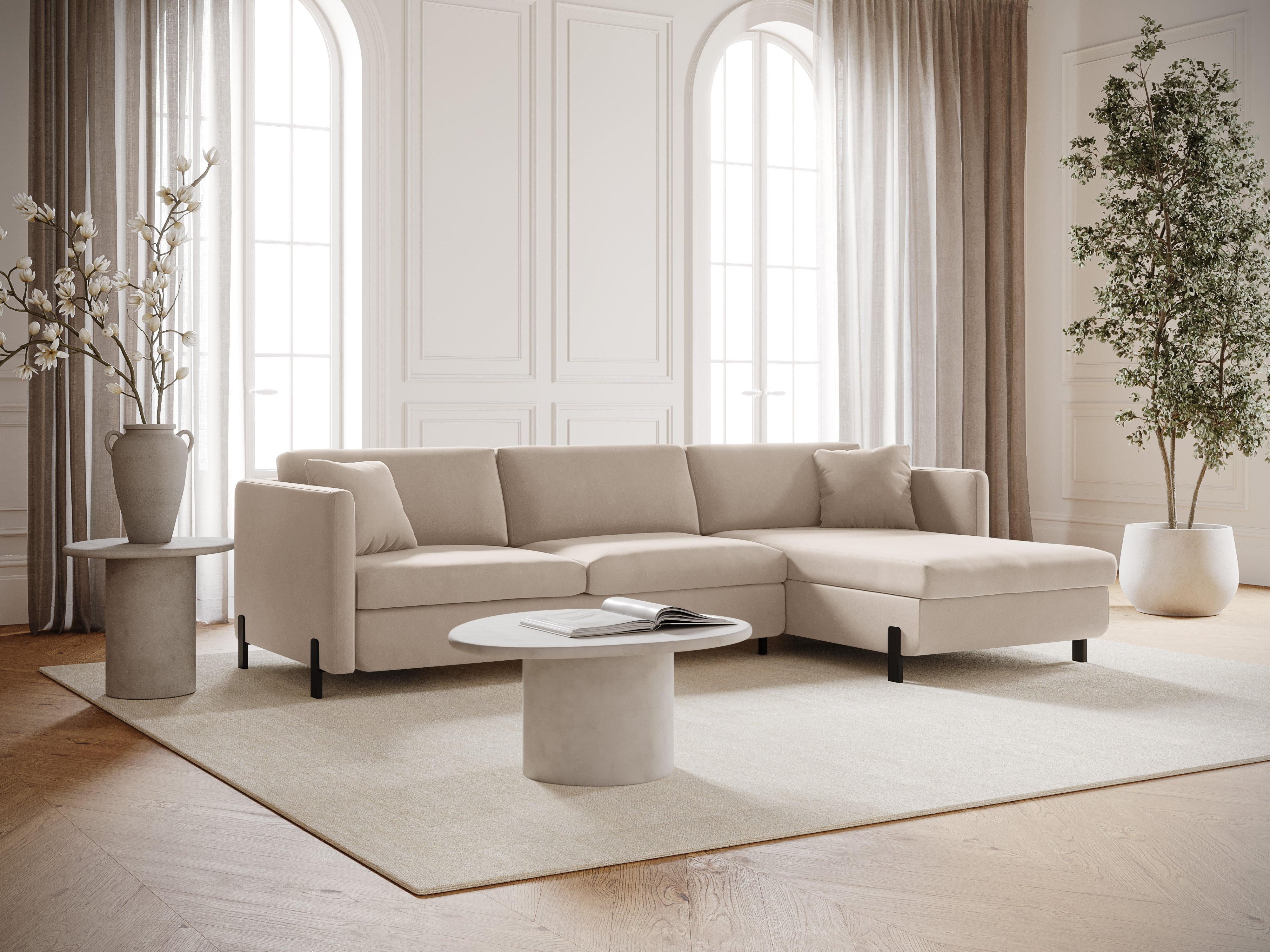 Samtrechter Ecksofa mit Bettfunktion, "Gloria", 5 Sitze, Beige, 280x170x80
In Europa gemacht