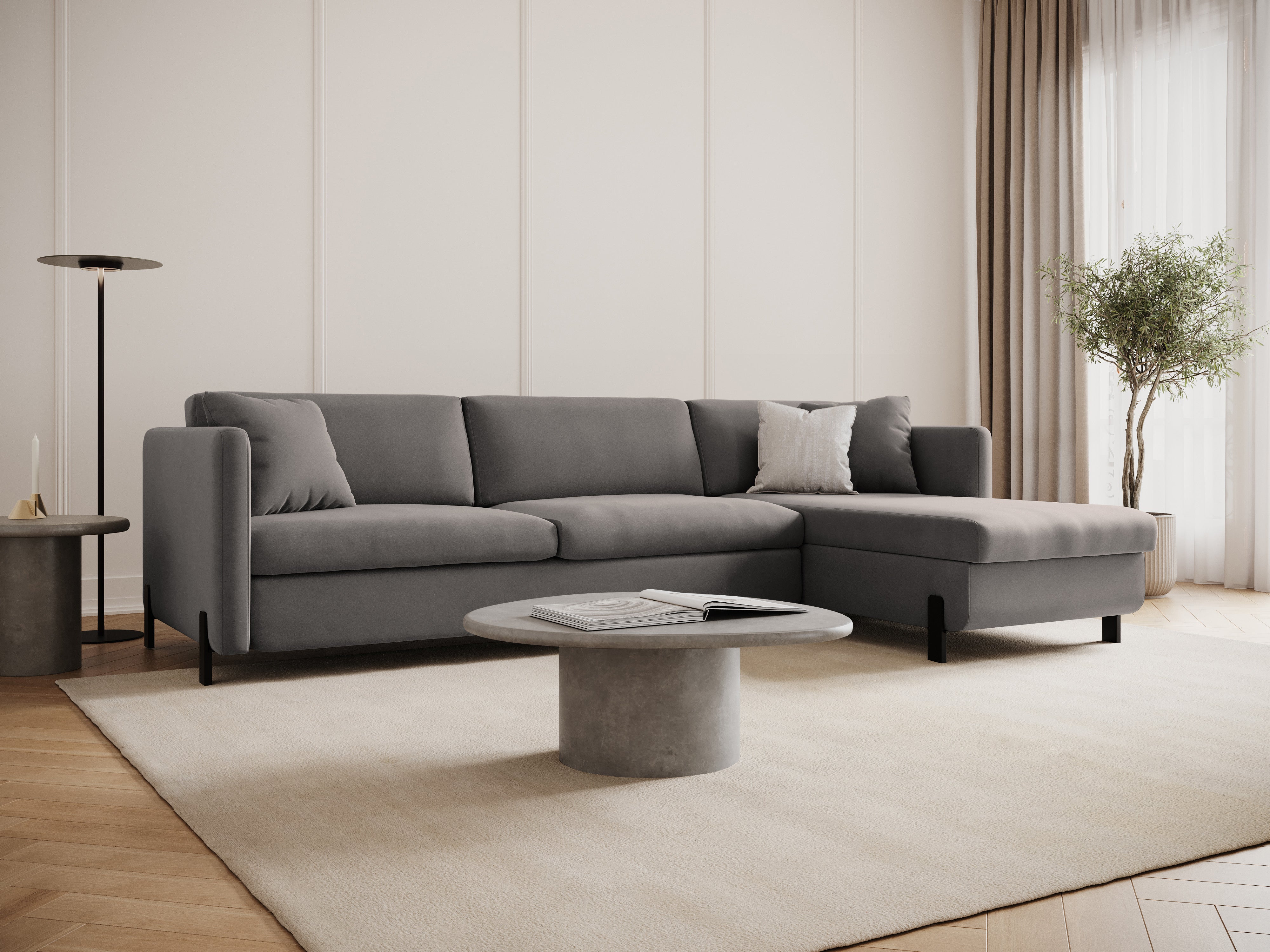 Velvet Right Corner Sofa with Bed Function, "Gloria", 5 Seats, Gray, 280x170x80
Made in Europe