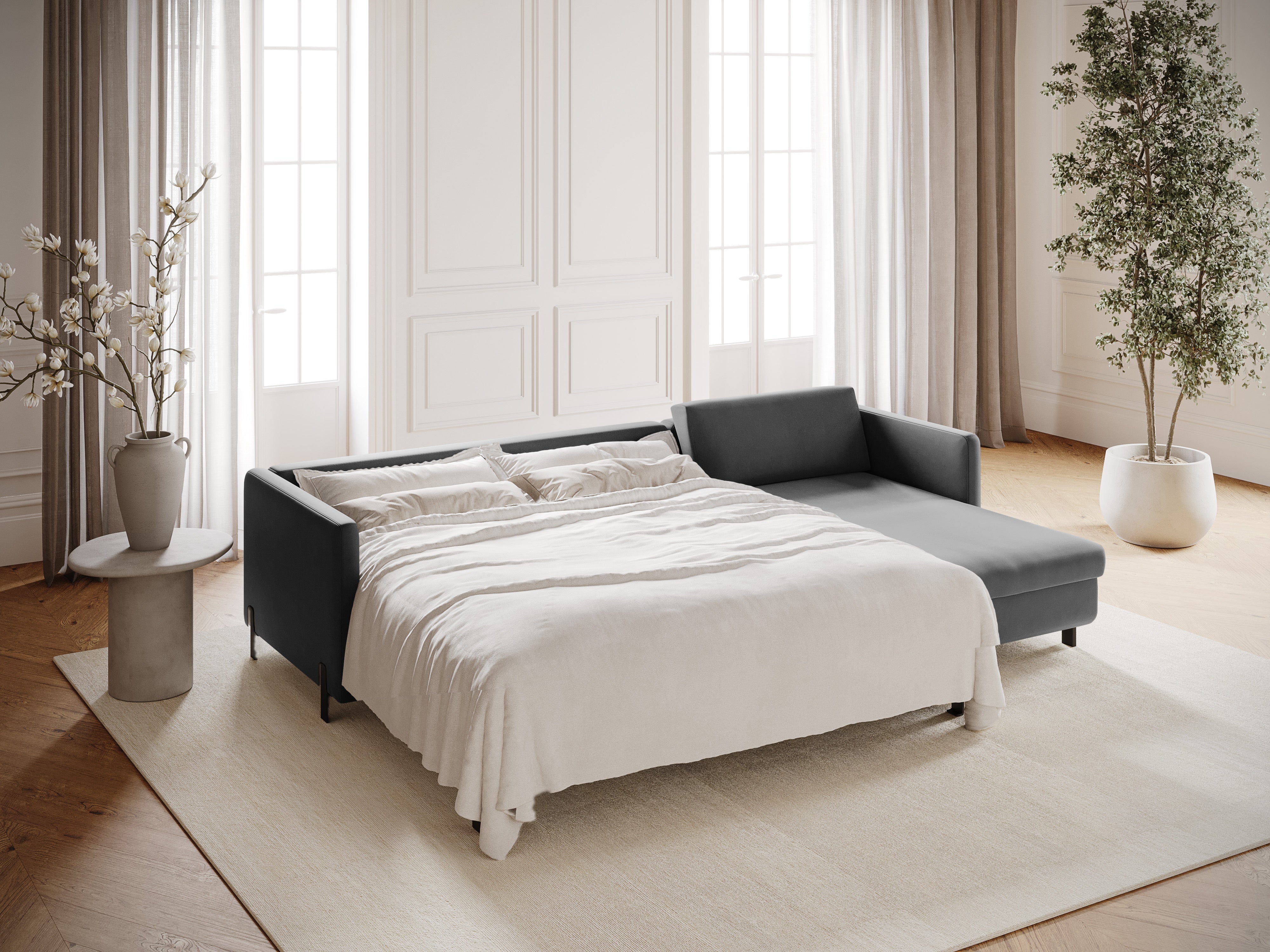 Velvet Right Corner Sofa with Bed Function, "Gloria", 5 Seats, Gray, 280x170x80
Made in Europe