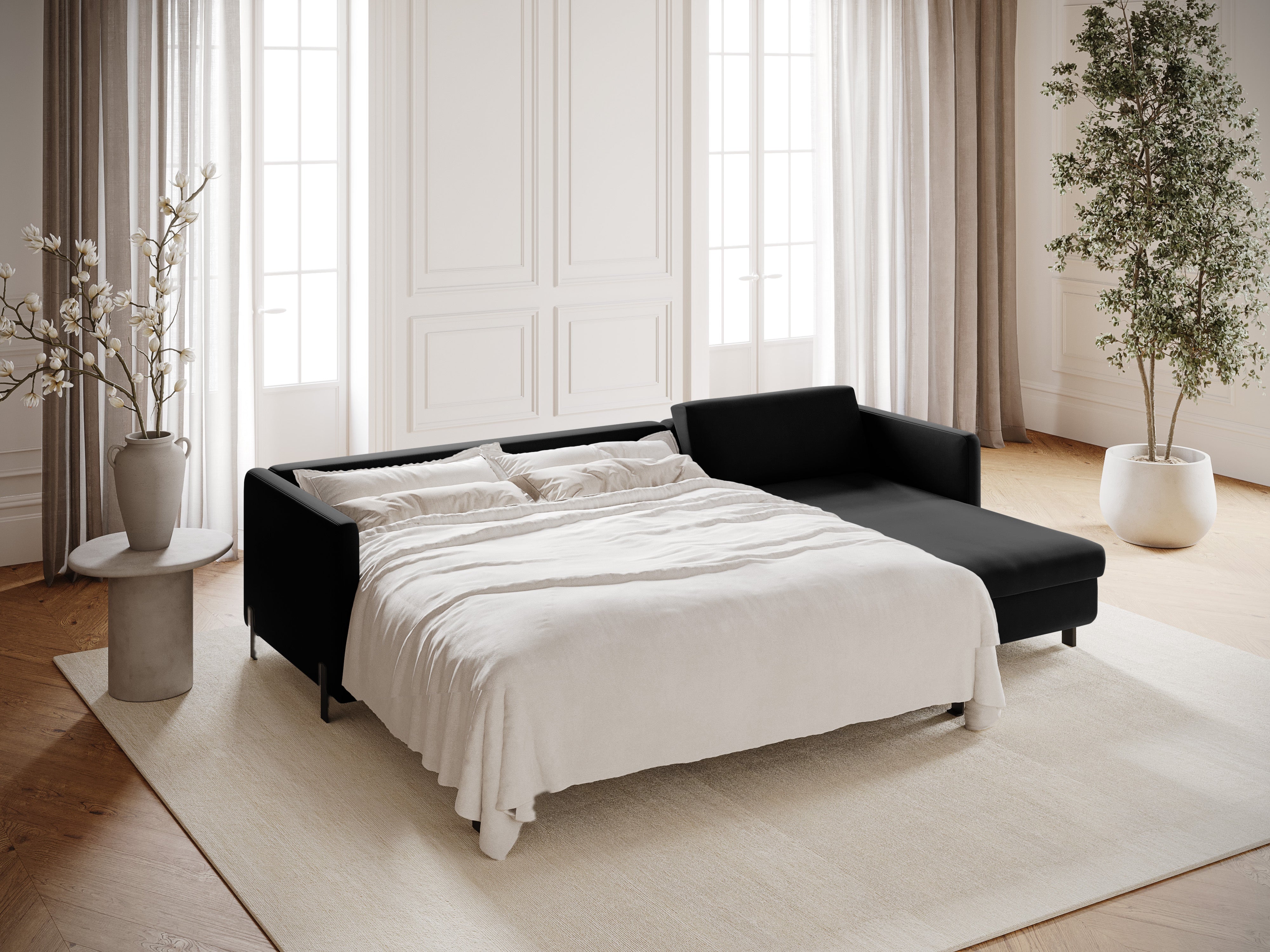 Samtrechte Ecksofa mit Bettfunktion, "Gloria", 5 Sitze, schwarz, 280x170x80
In Europa gemacht