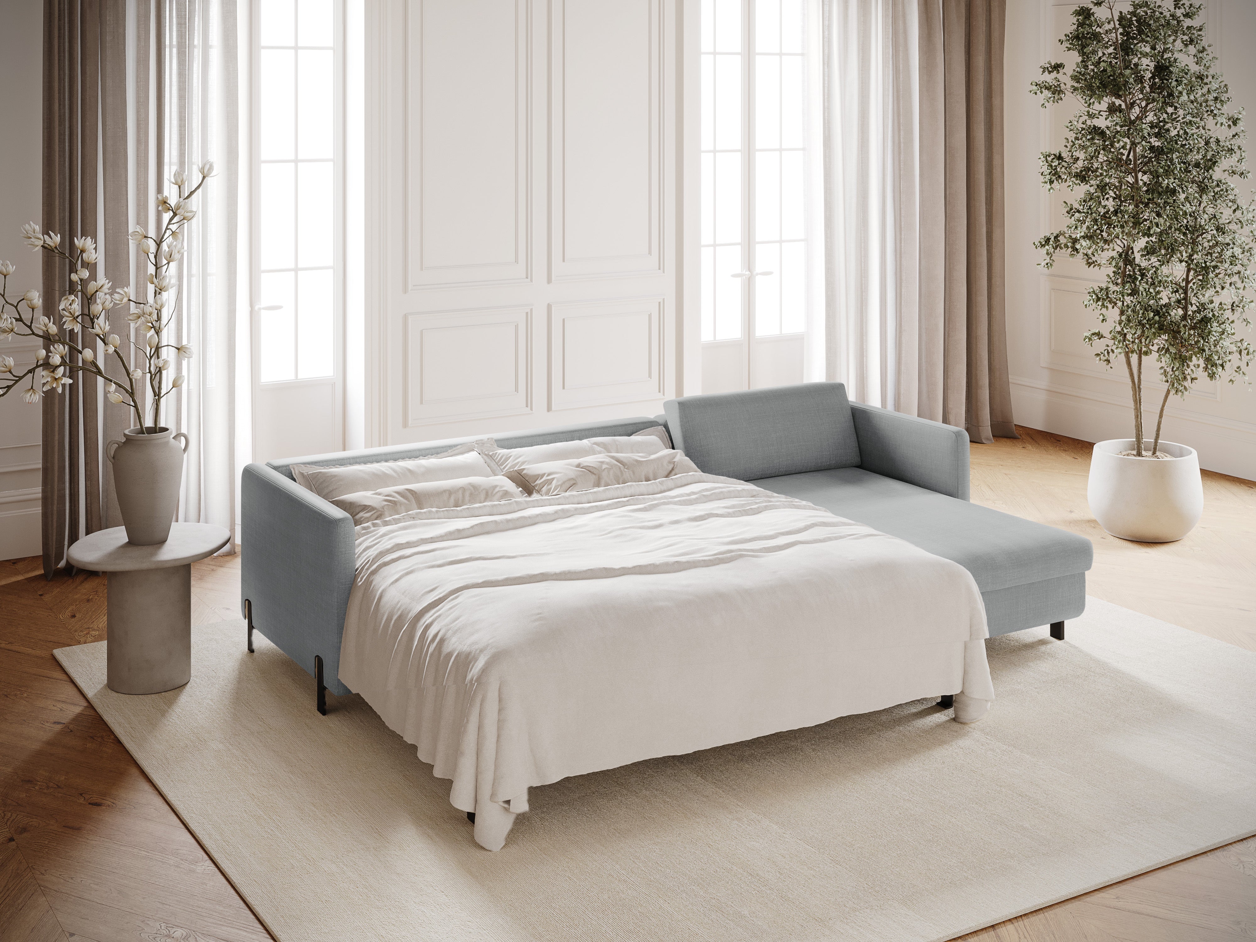 Rechte Ecke -Sofa mit Bettfunktion und Kiste, "Gloria", 4 Sitze, hellgrau, 260x170x80
In Europa gemacht