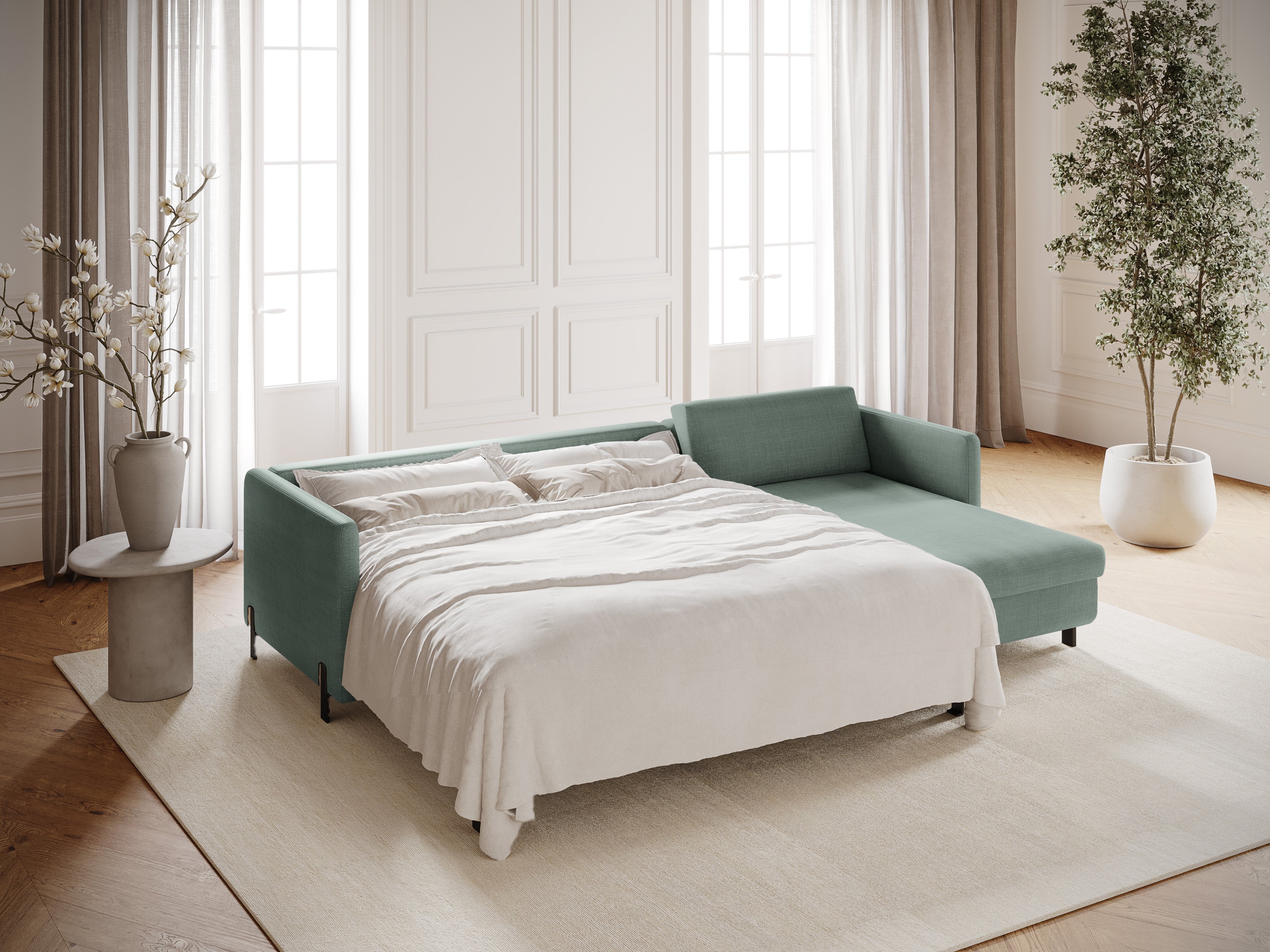 Rechte Ecke -Sofa mit Bettfunktion und Schachtel, "Gloria", 4 Sitze, Minze, 260x170x80
In Europa gemacht