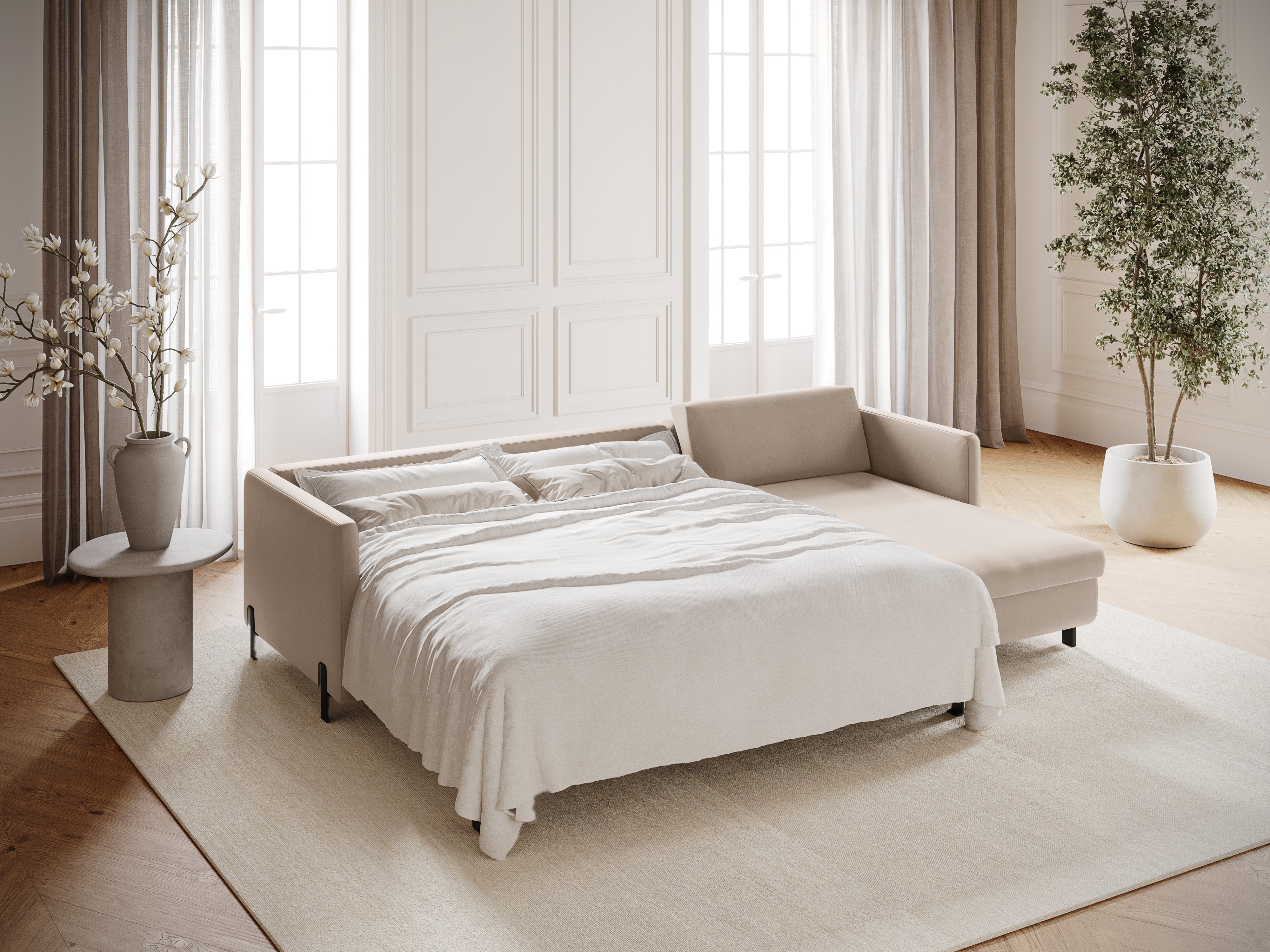 Samtrechter Ecksofa mit Bettfunktion, "Gloria", 4 Sitze, Beige, 260x170x80
In Europa gemacht