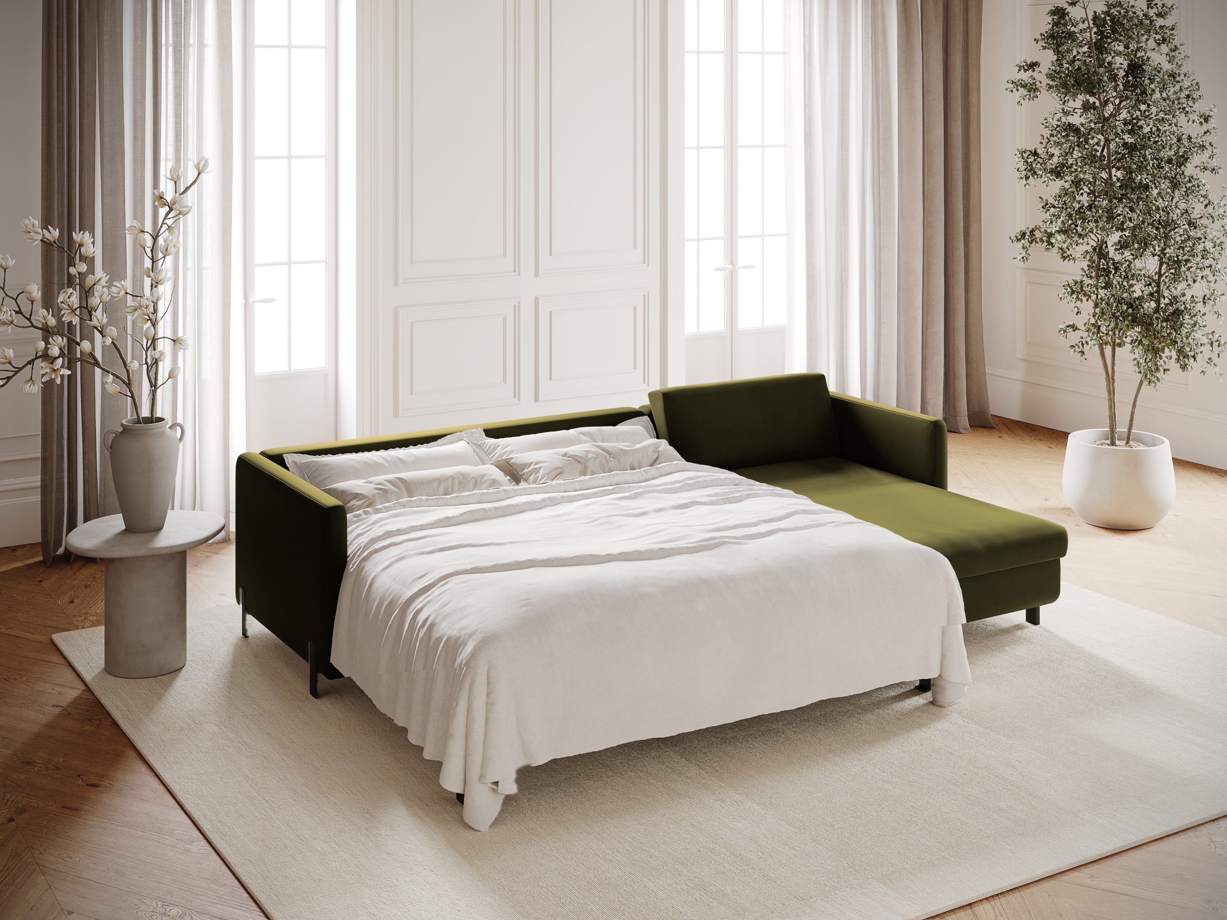 Samtrechter Ecksofa mit Bettfunktion, "Gloria", 4 Sitze, grün, 260x170x80
In Europa gemacht