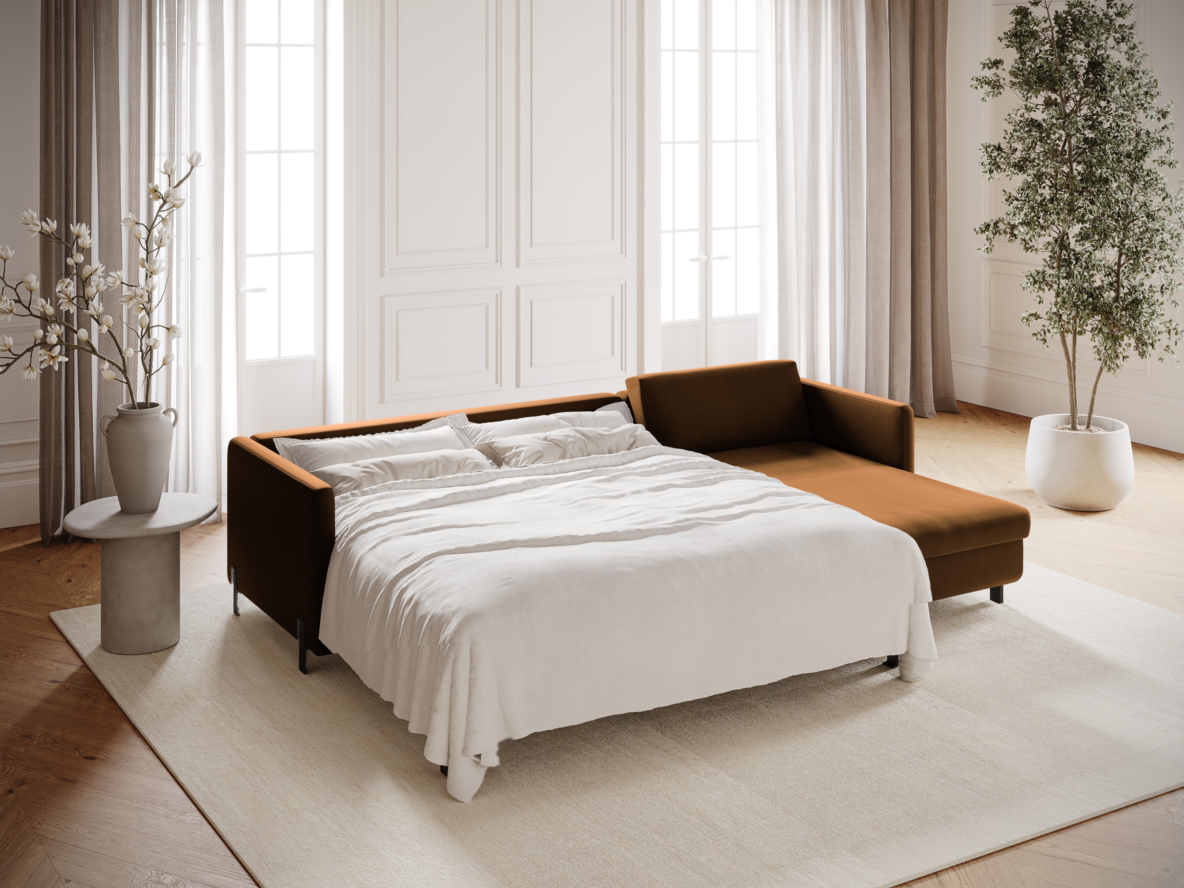 Samtrechter Ecksofa mit Bettfunktion, "Gloria", 4 Sitze, braun, 260x170x80
In Europa gemacht