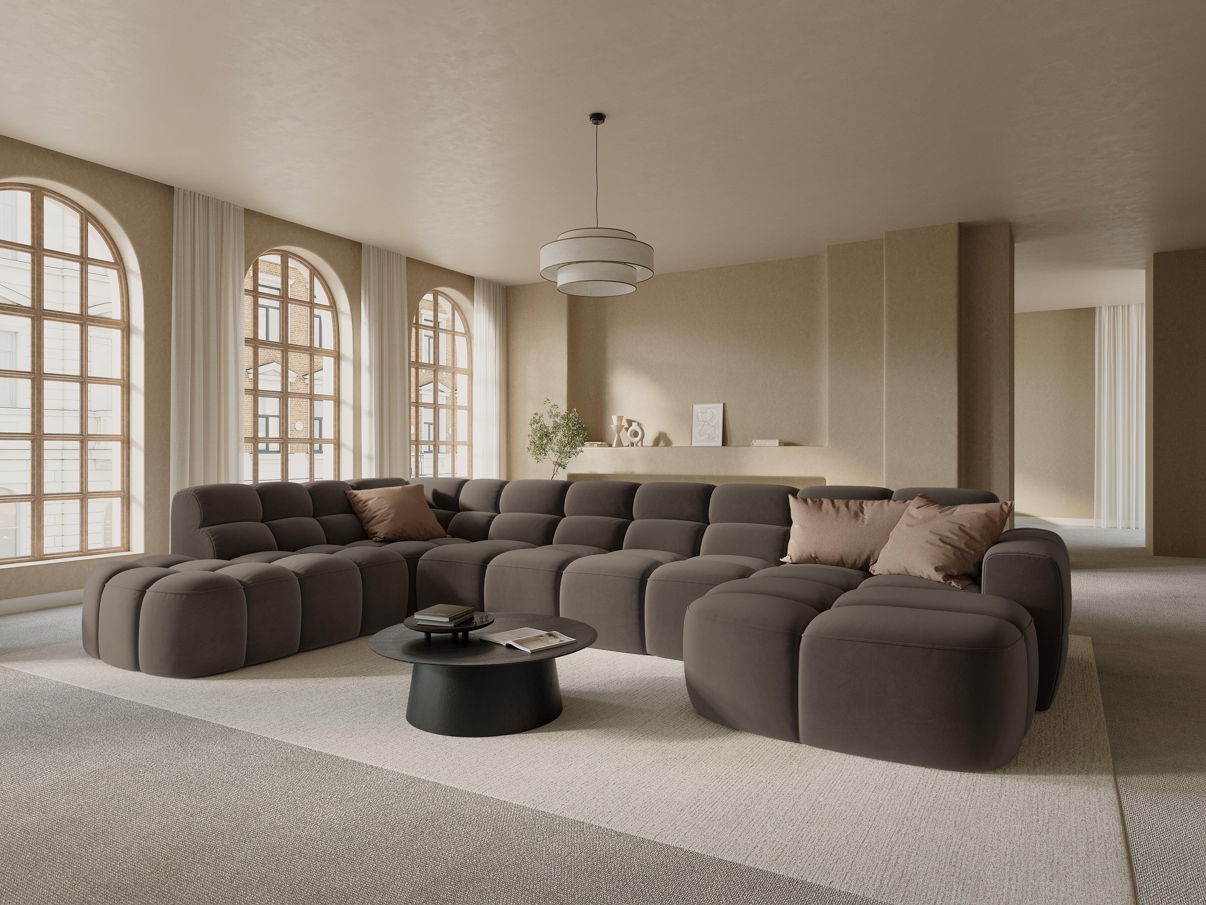 Left-facing panoramic velvet corner sofa LISA light brown