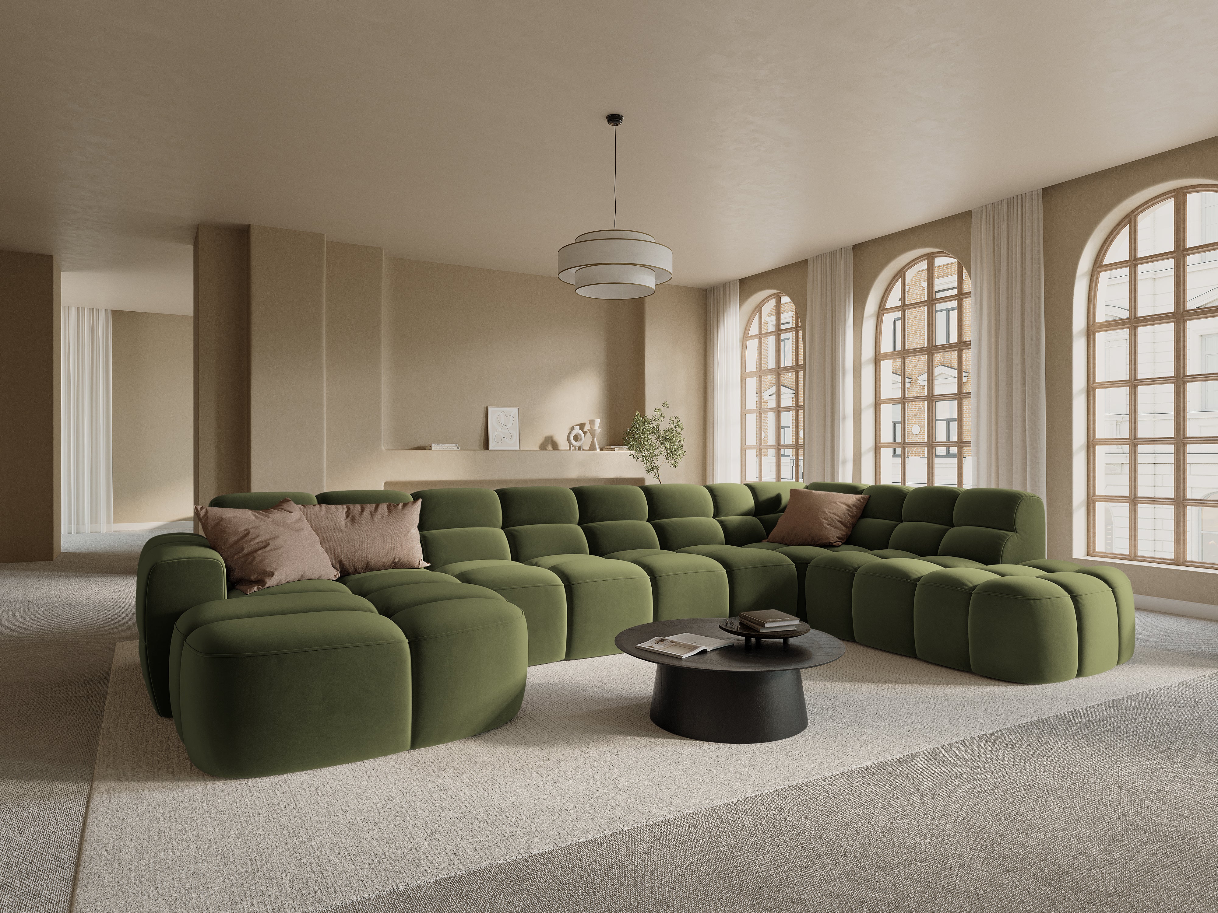 Velvet panoramic right-sided corner sofa LISA light green