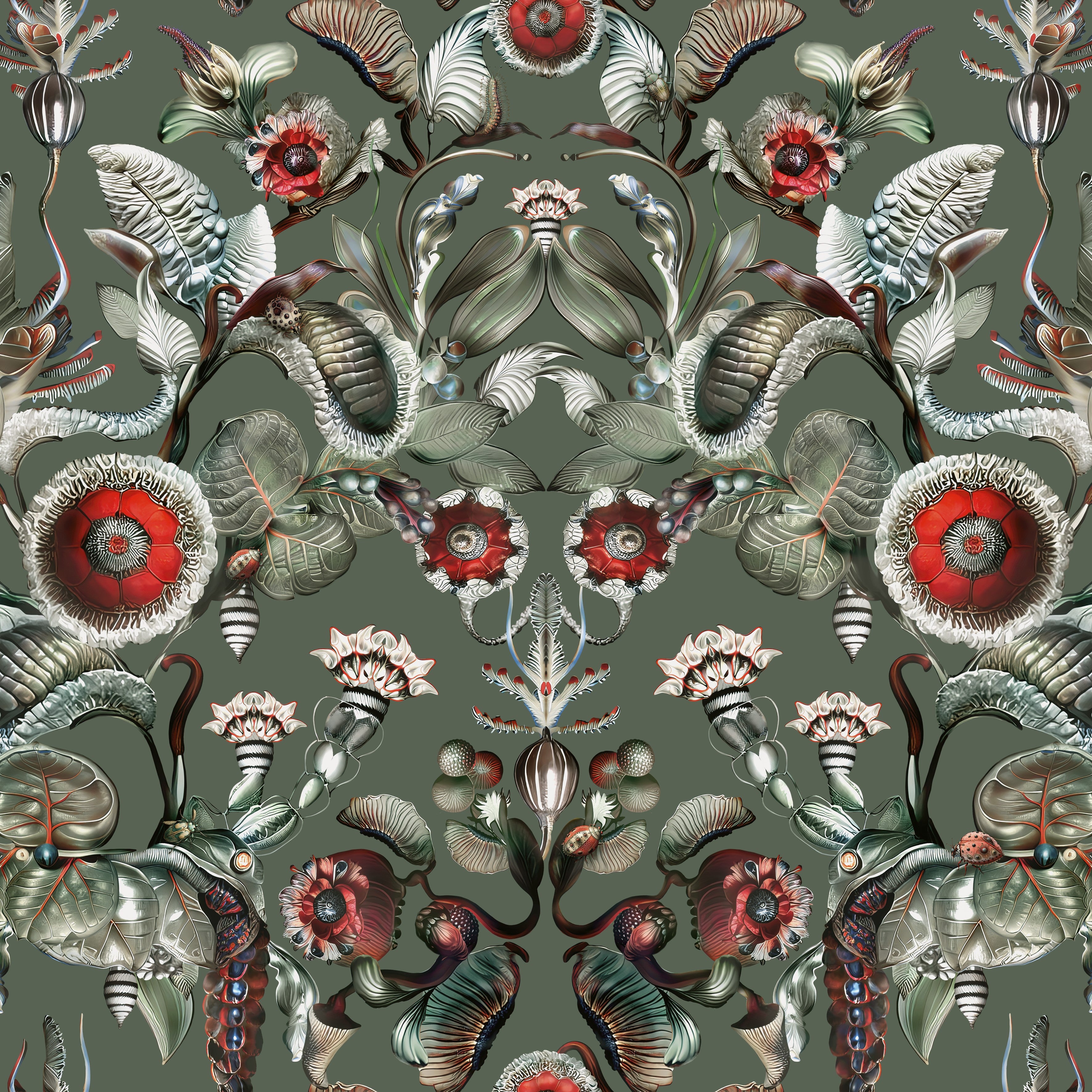 Textile wallpaper with a plant motif COCCINELLA BELLA muted green with red