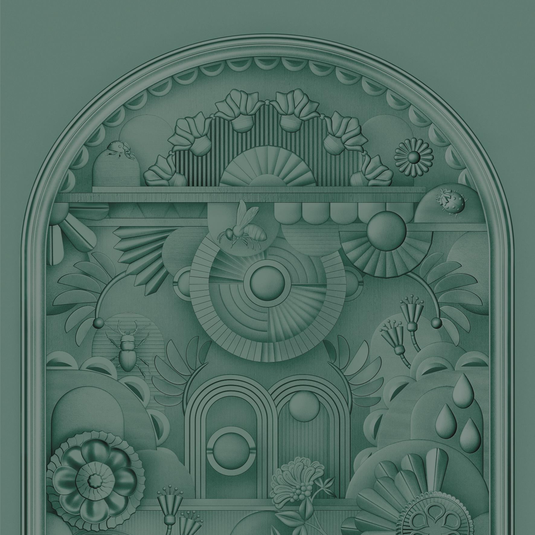 Mural tekstylny w stylu art deco w kształcie łuku GREENHOUSE GATHERING ARCH ciemny zielony