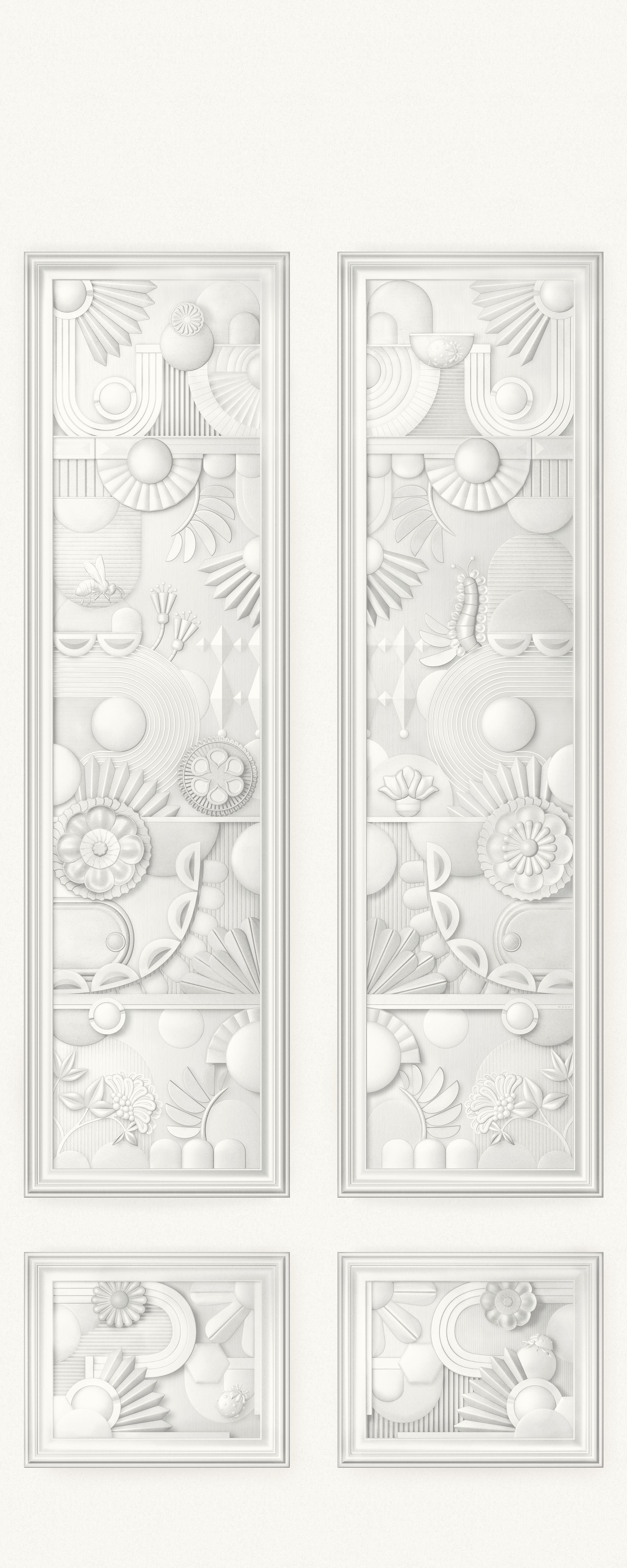 Textilwandbild im Art-Déco-Stil GREENHOUSE GATHERING gebrochenes Weiß