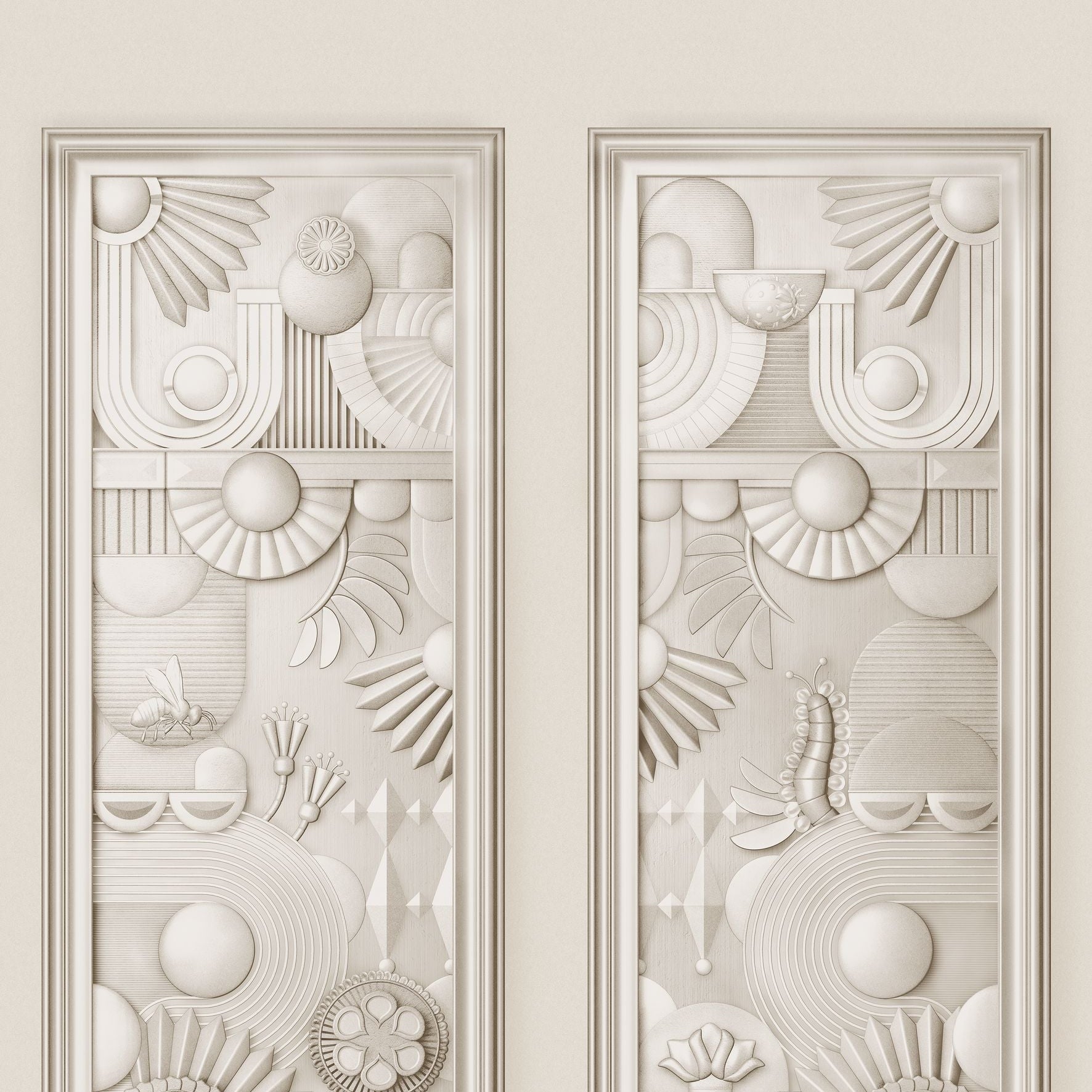 Textilwandbild im Art-Déco-Stil GREENHOUSE GATHERING hellbeige