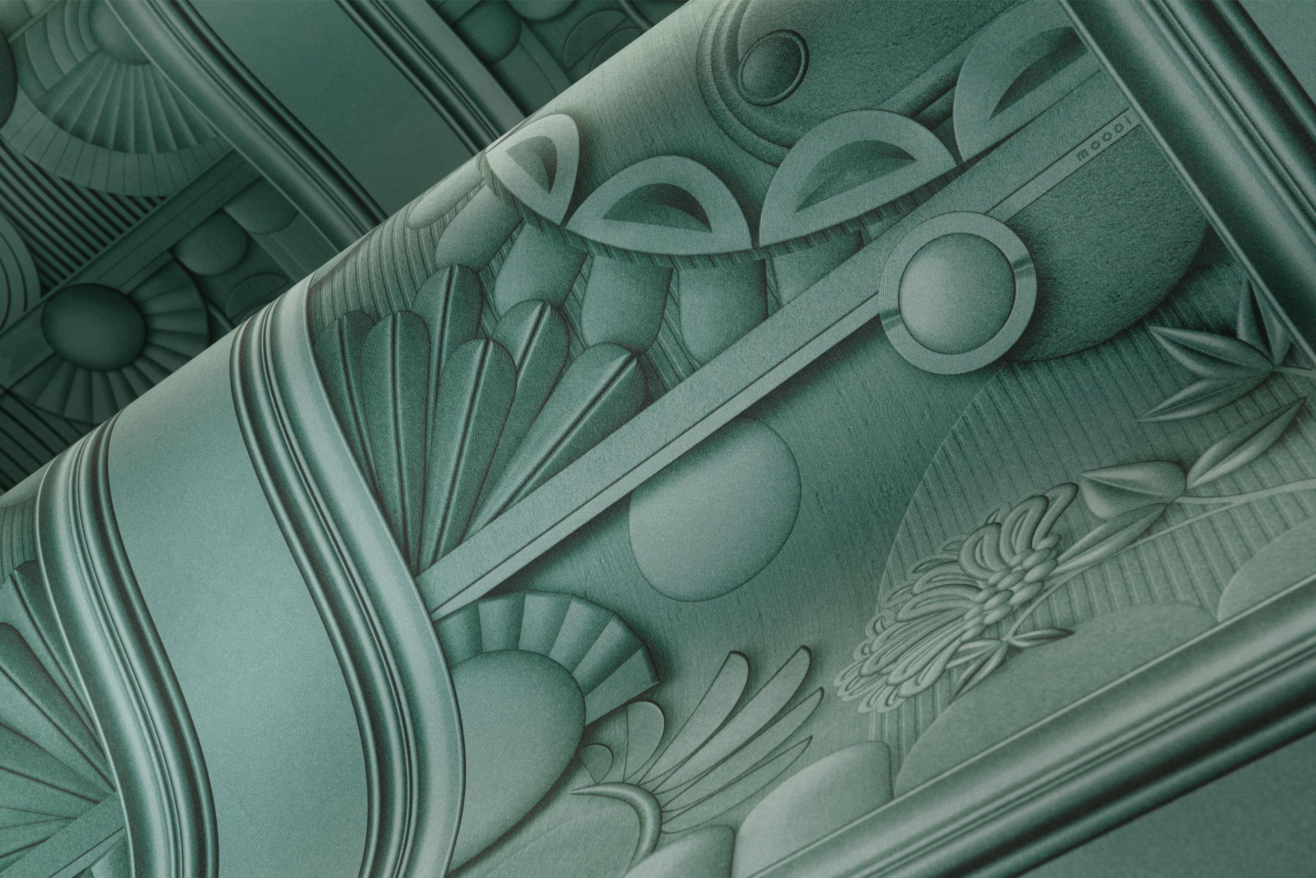 Textilwandbild im Art-Déco-Stil GREENHOUSE GATHERING dunkelgrün