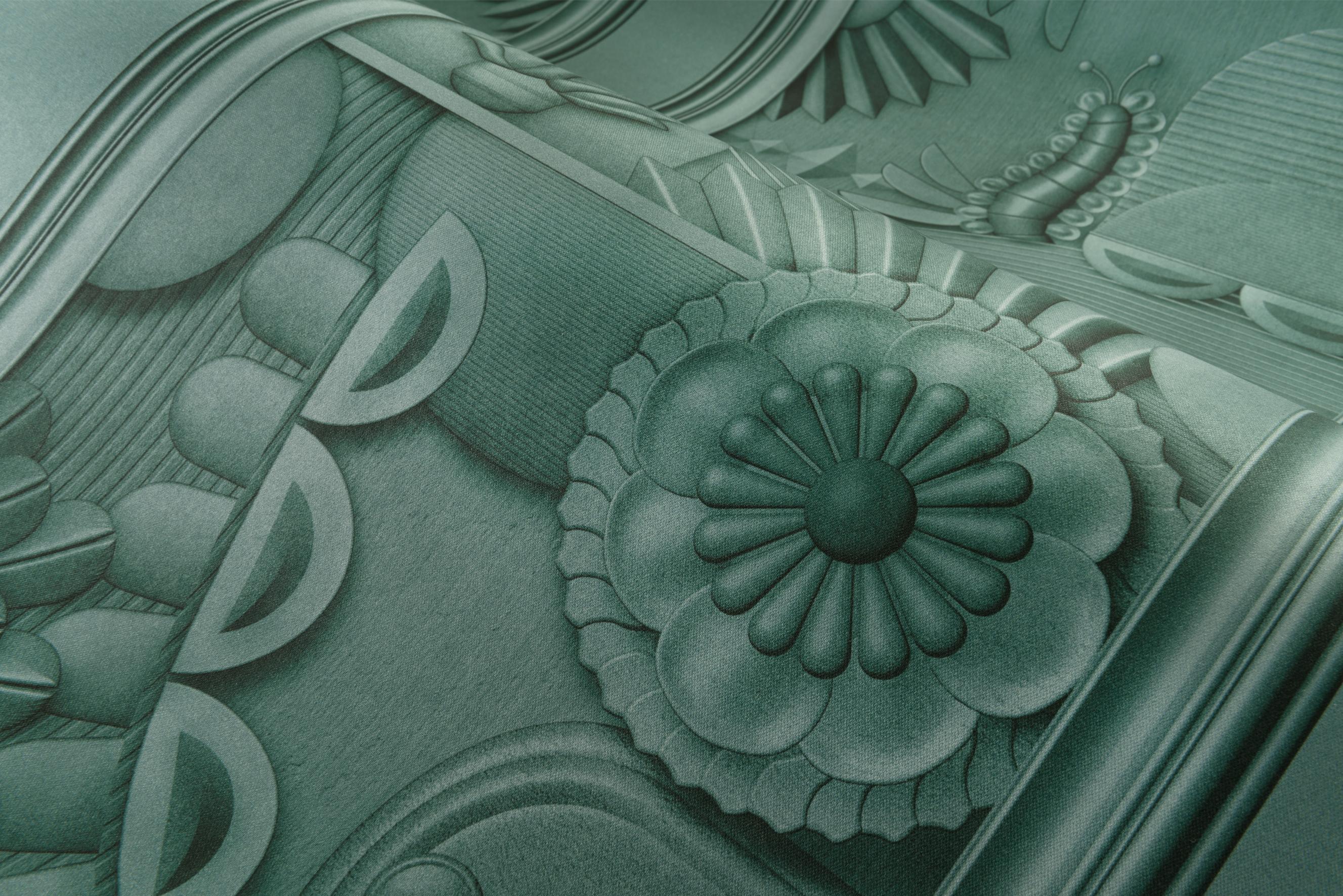 Textilwandbild im Art-Déco-Stil GREENHOUSE GATHERING dunkelgrün