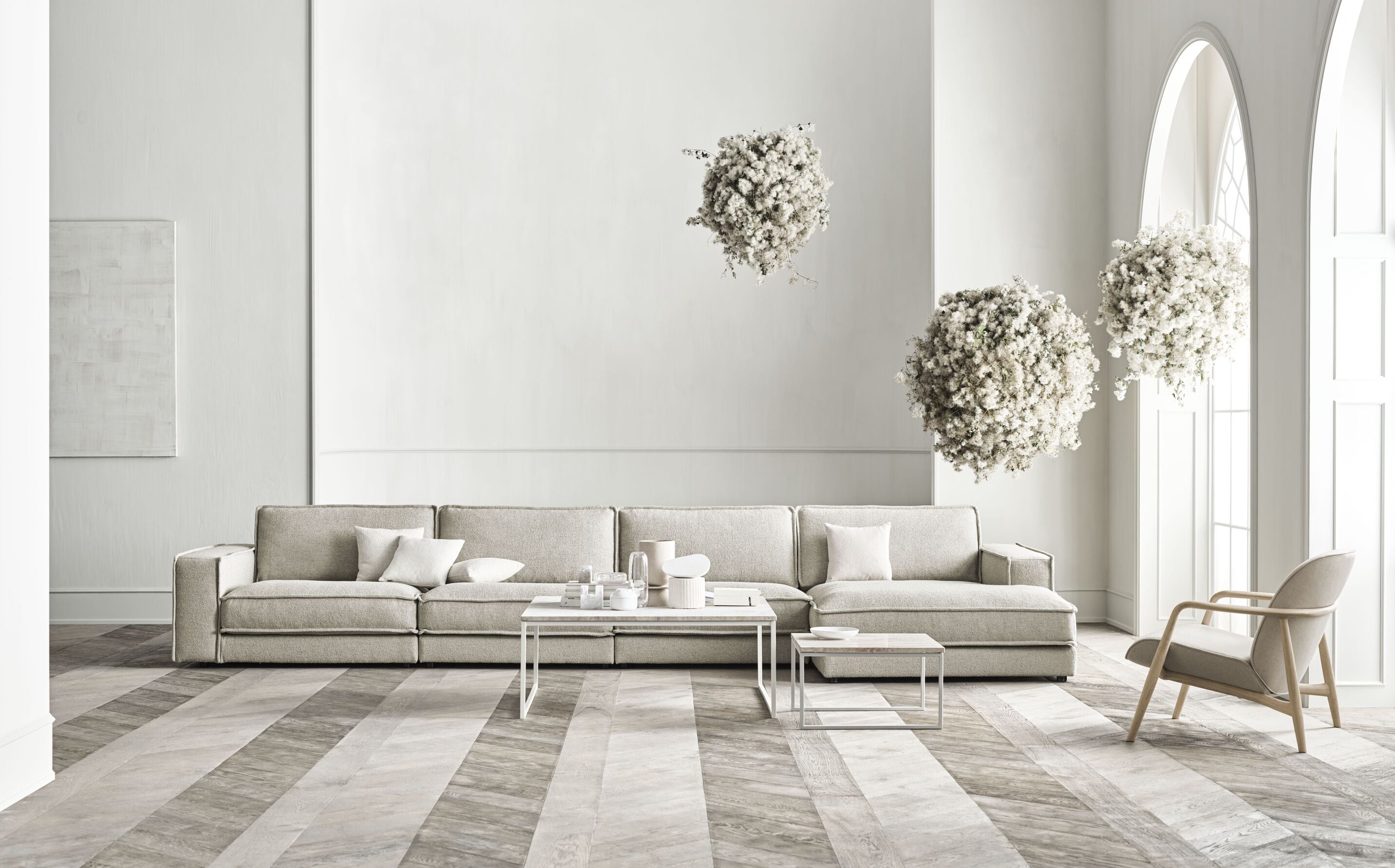 Sofa modułowa NOORA - szezlong prawostronny z bieloną podstawą