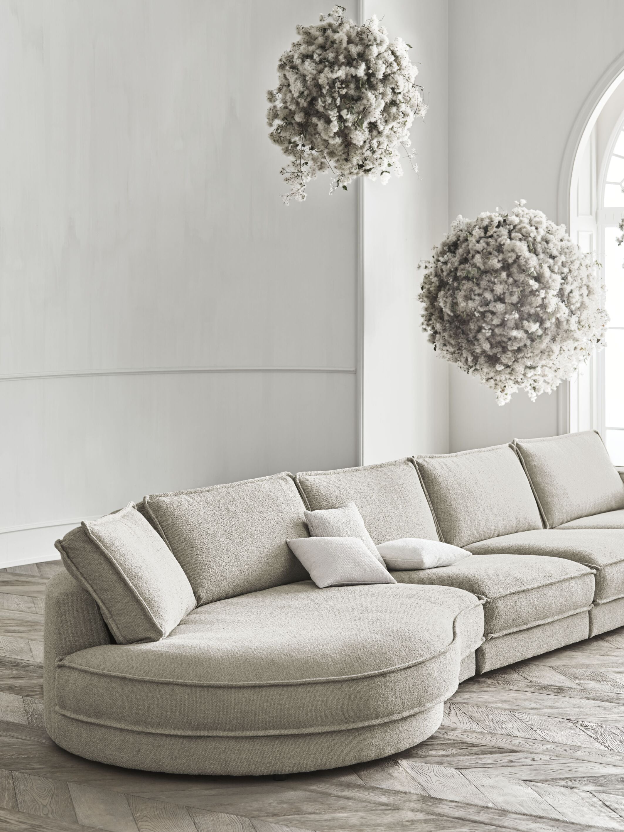 Sofa modułowa NOORA - zaokrąglony moduł lewostronny z czarną podstawą
