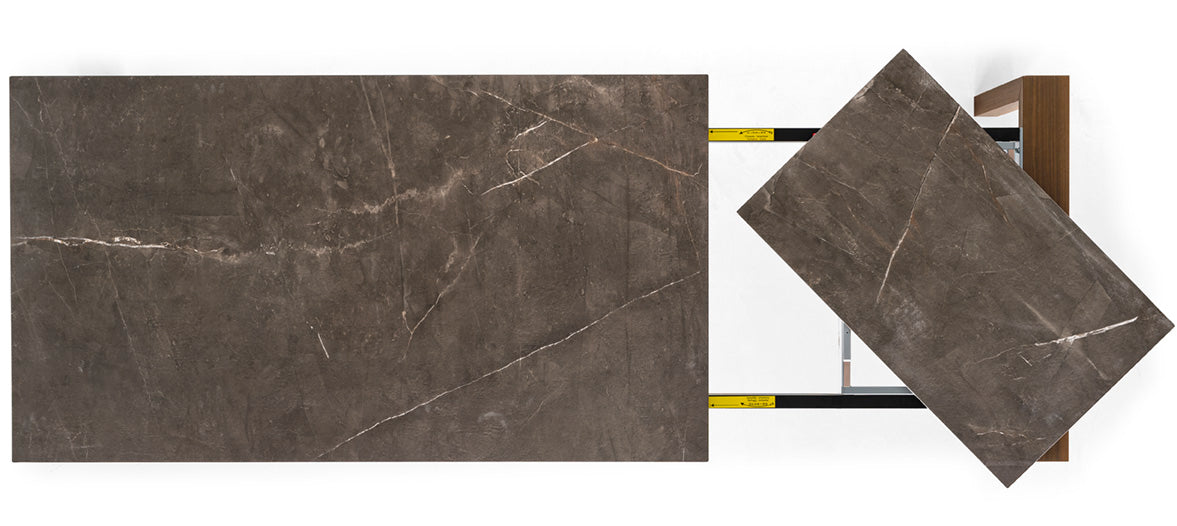 Ausziehbarer Tisch OMNIA mit grauer Platte und dunklem Holzgestell