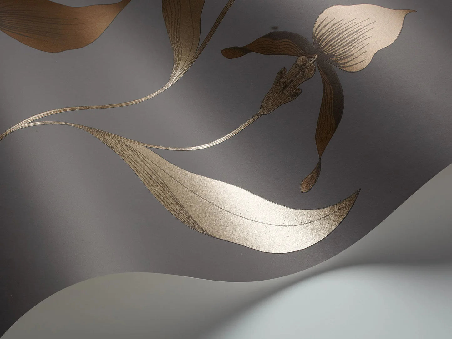 Tapeta z motywem roślinnym kwiatów orchidei CONTEMPORARY COLLECTION - ORCHID brązowy z ciemnoszarym