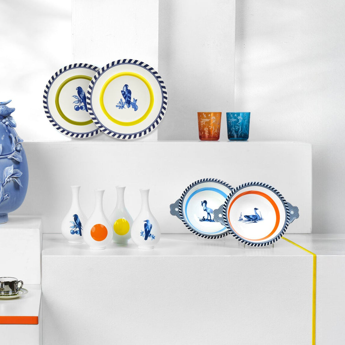 Zestaw talerzy BIRD PATTERNED biały z oliwkowym i niebieskim