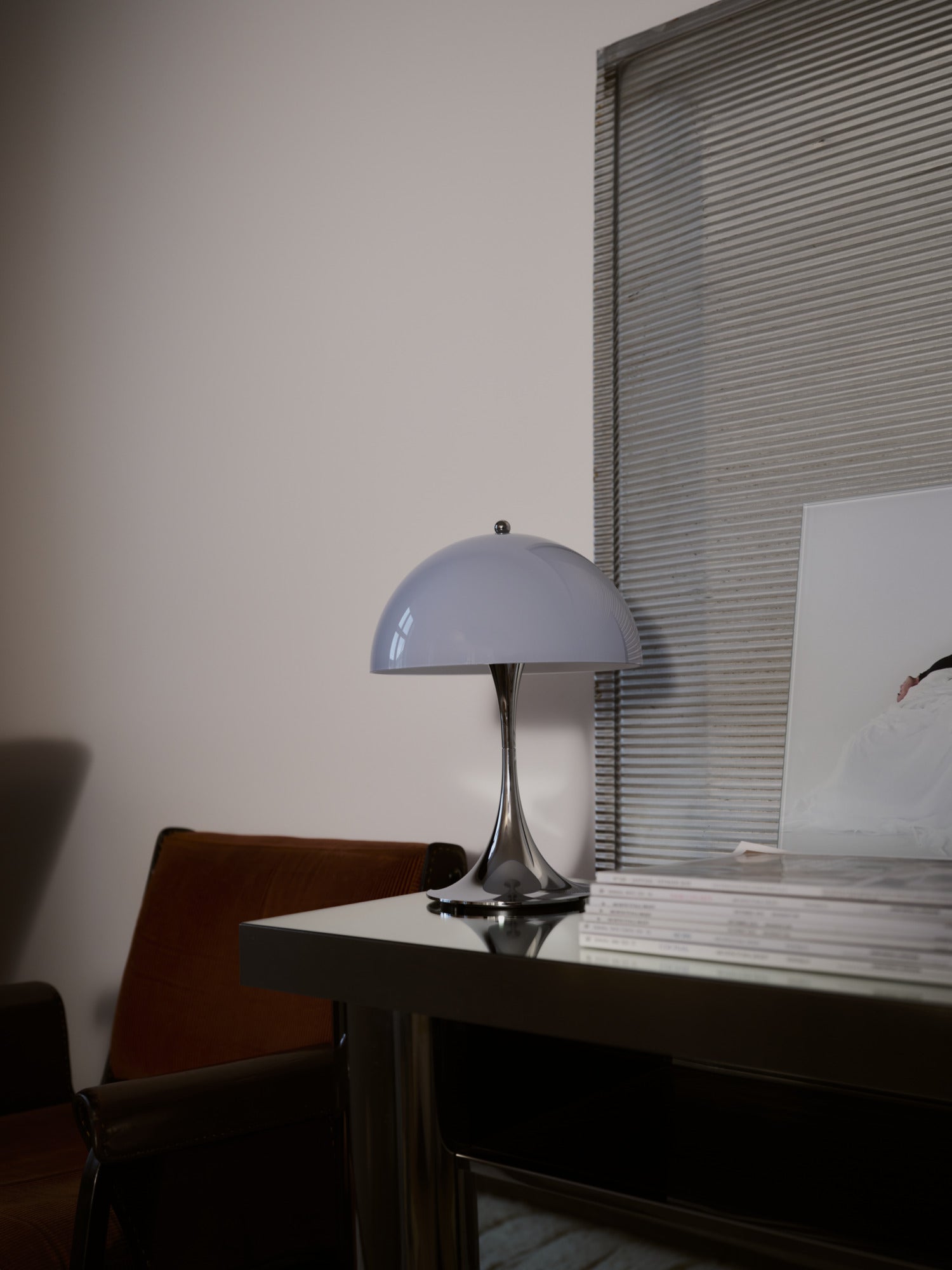 Portable Lamp PANTHELLA 250 Gray-Blue Opal with Chrome Base