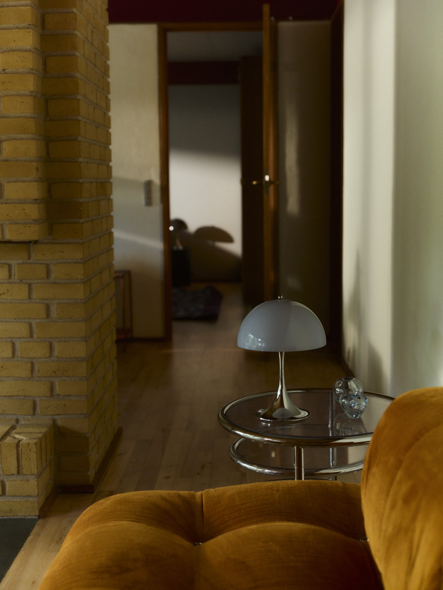 Portable Lamp PANTHELLA 250 Gray-Blue Opal with Chrome Base