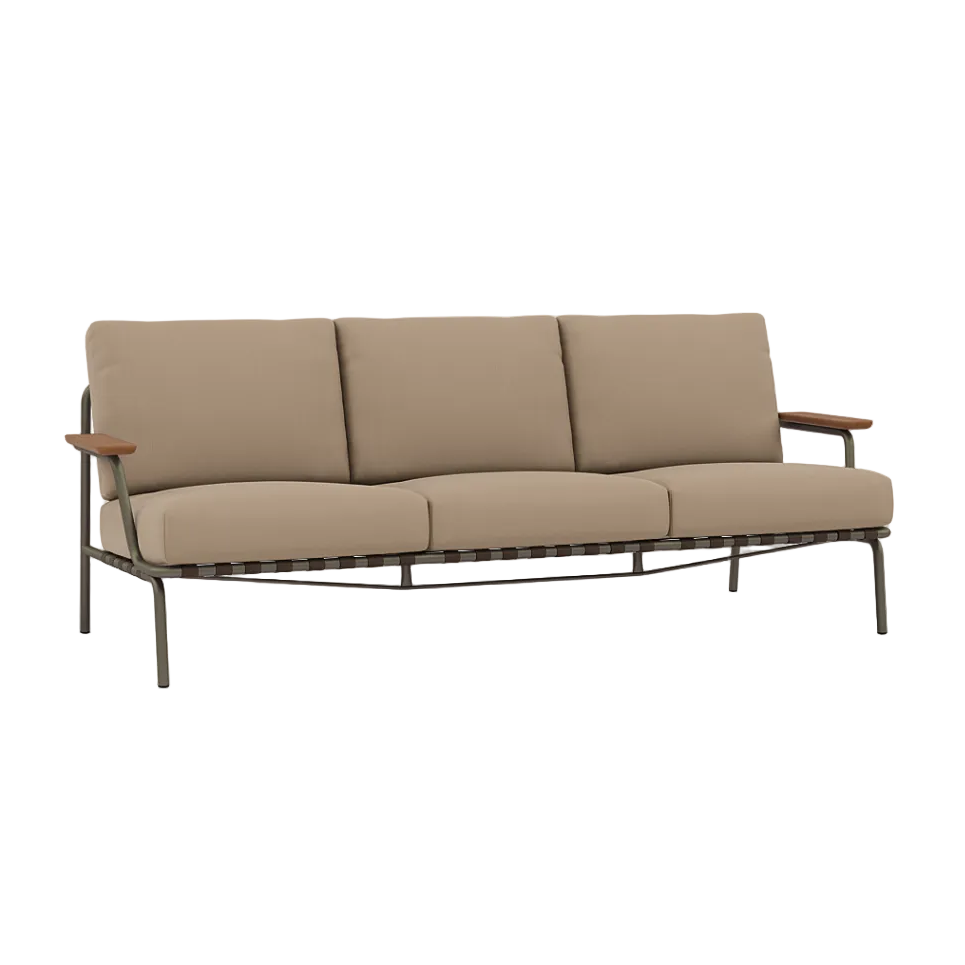 Sofa z podłokietnikami zewnętrzna 3-osobowa SETTLE brązowy z taupe podstawą
