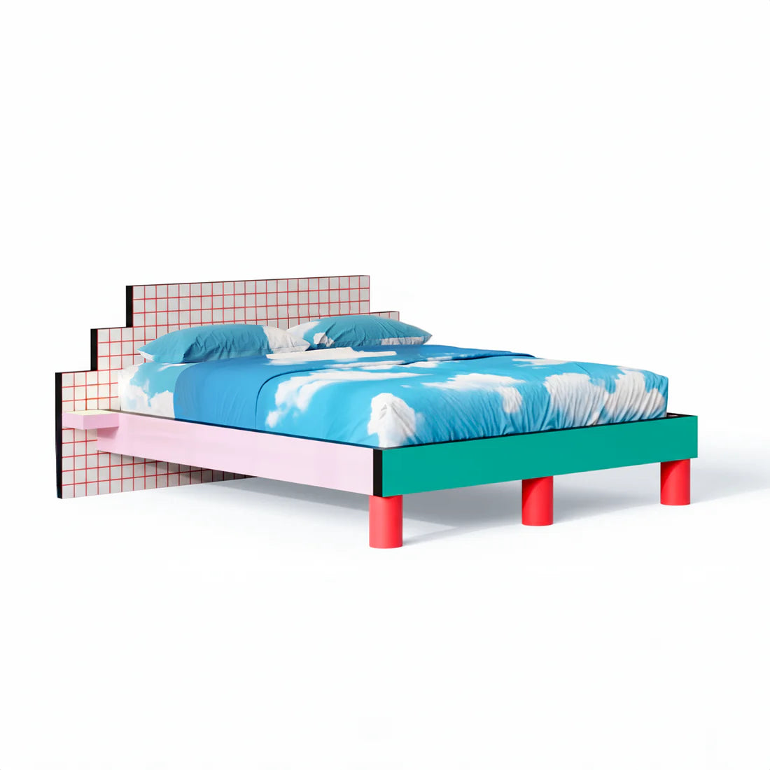 Bett SUPERBED RED GRID rosa mit türkisfarbenem