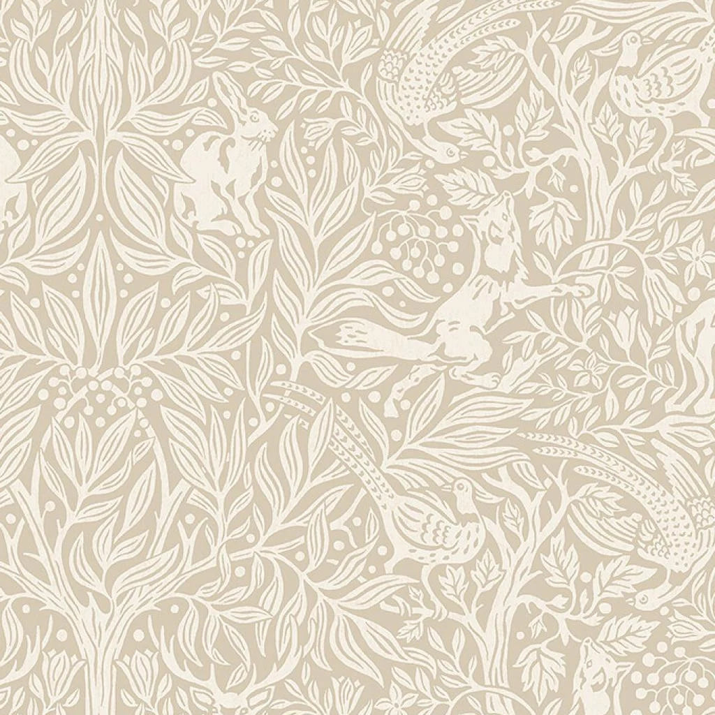 Tapete mit pflanzlichem Muster und Waldmotiv UNTER DEM HOLUNDERBAUM beige mit weißem