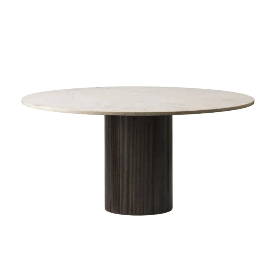 Round Table CABIN with a gray limestone top and a dark oak base