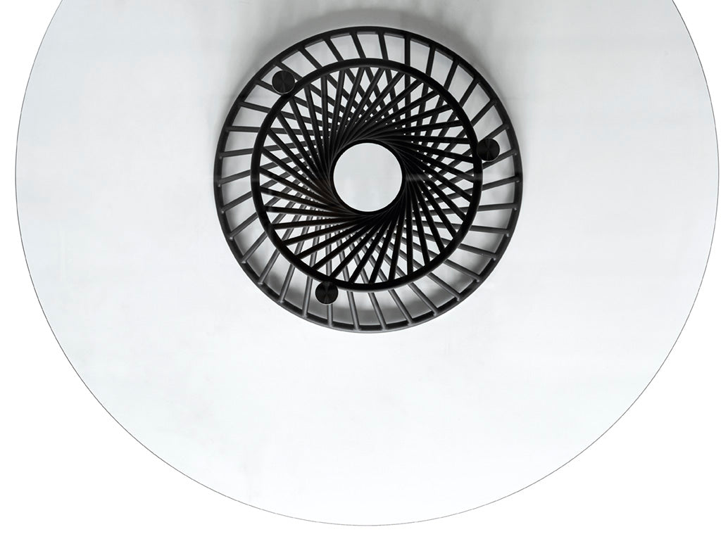 Runder Tisch VORTEX mit Glasplatte und schwarzem Gestell