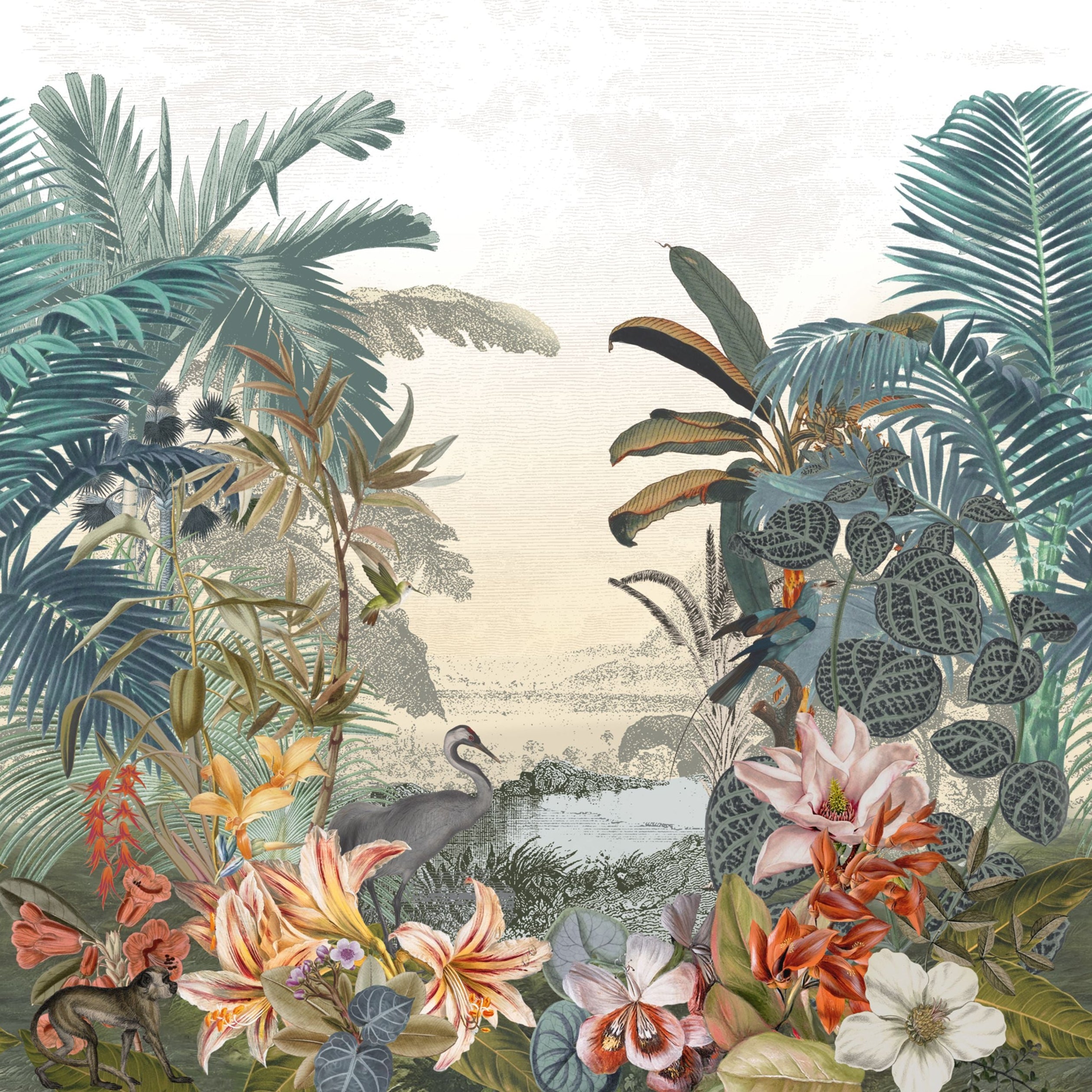 Textile mural with an exotic landscape PARAIBA green-blue with beige