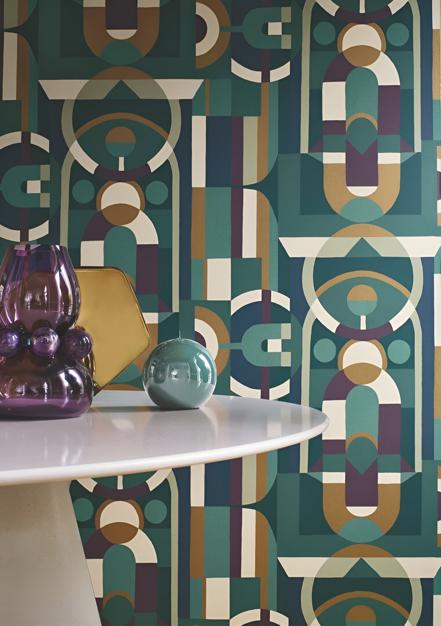 Stained Glass Geometric Pattern Wallpaper VITRAIL - ÉMERAUDE/VIOLET Emerald with Purple