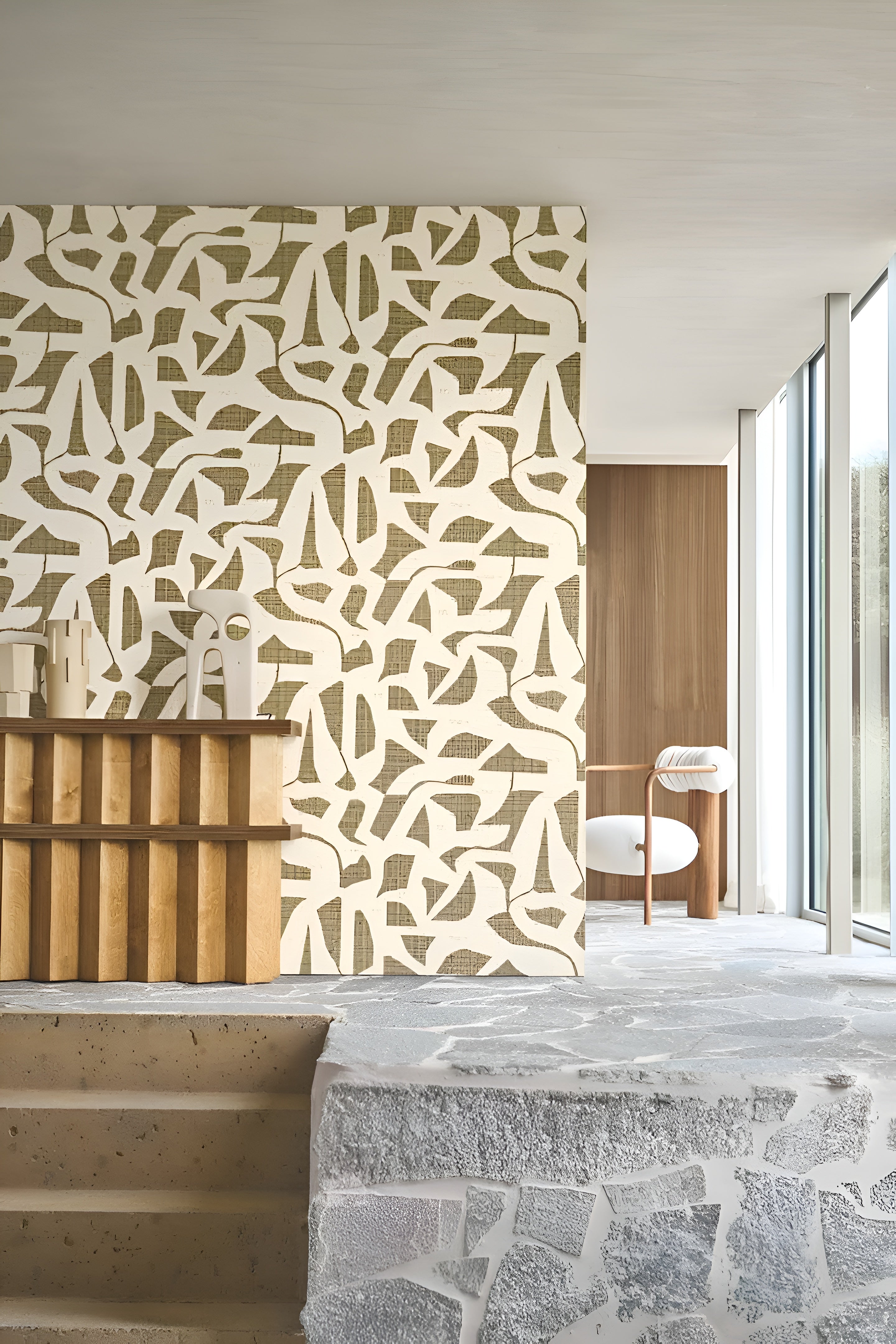 Structural wallpaper imitating fabric with abstract pattern CANA - KAKI green