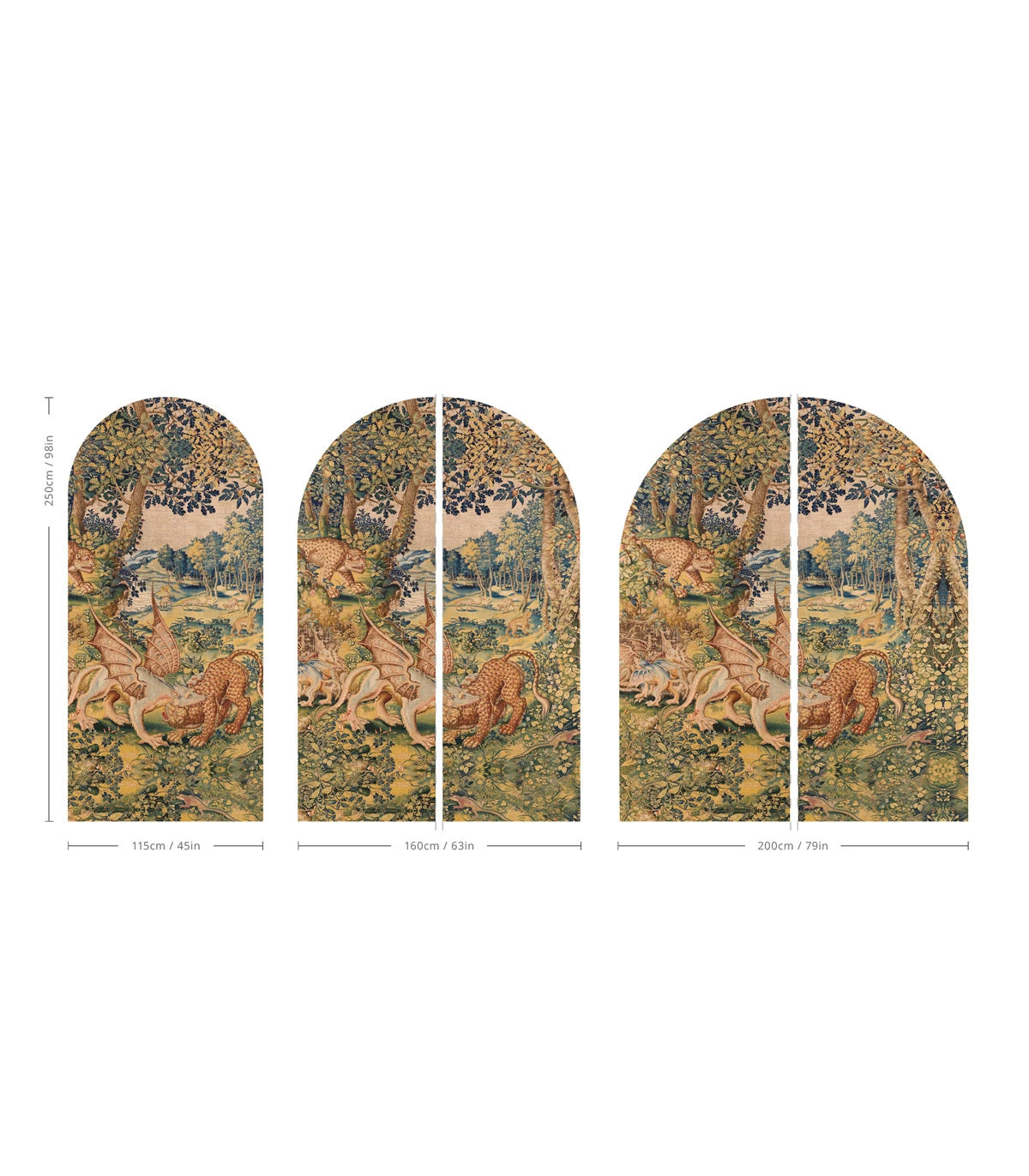 Non-woven mural in the shape of an arch DRAGON ARRAS sandy beige with green