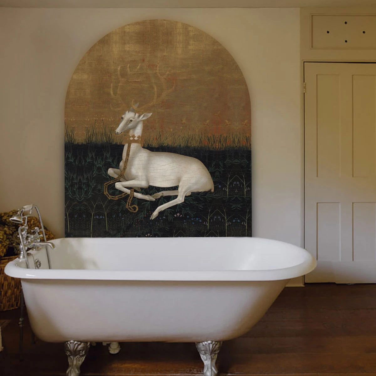 Mural flizelinowy w kształcie łuku MAJESTIC REST złoty z zielonym