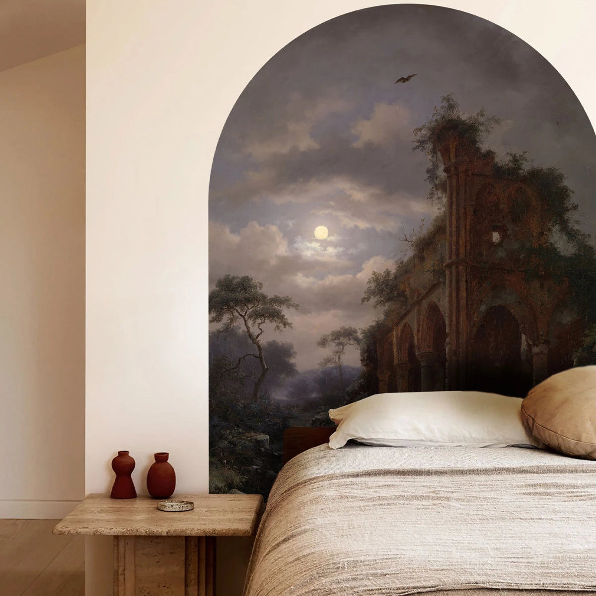 Arch-shaped mural with the landscape MOONLIT RUINS in brown and blue