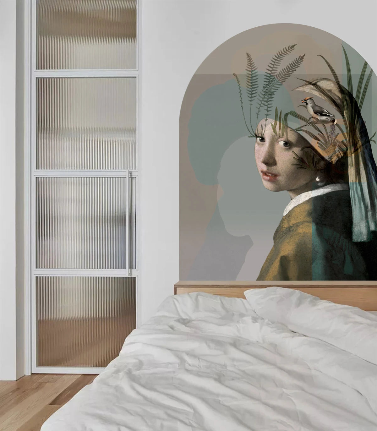 Mural flizelinowy w kształcie łuku NATURE GIRL WITH THE PEARL beżowy z zielonym