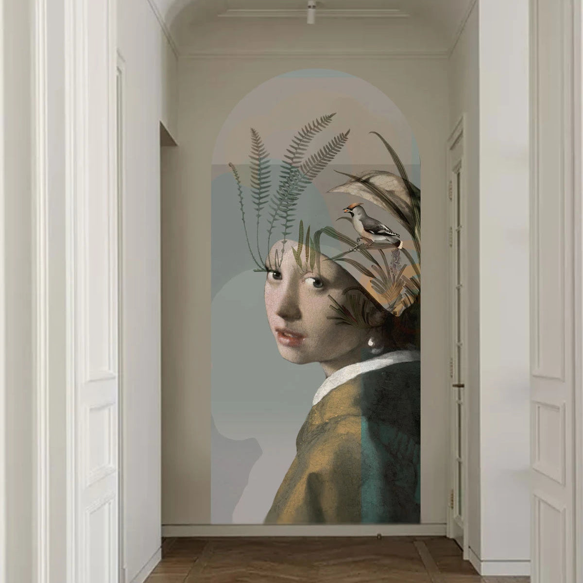 Mural flizelinowy w kształcie łuku NATURE GIRL WITH THE PEARL beżowy z zielonym