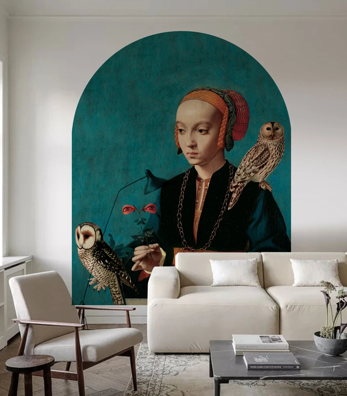 Mural flizelinowy w kształcie łuku OWL LADY turkusowy